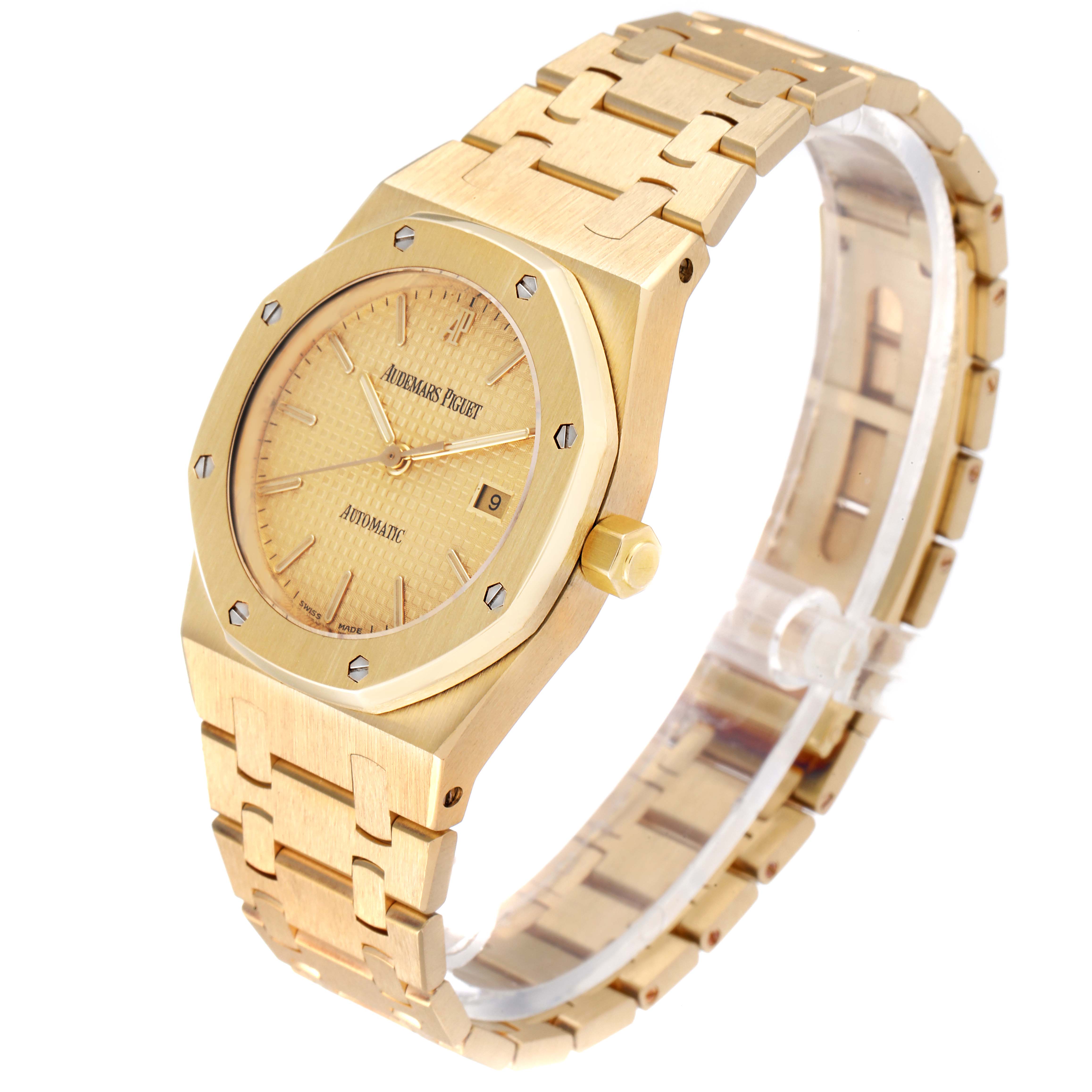 This image displays a Royal Oak model by Audemars Piguet from a three-quarter angle, showing the dial, bezel, bracelet, and crown.