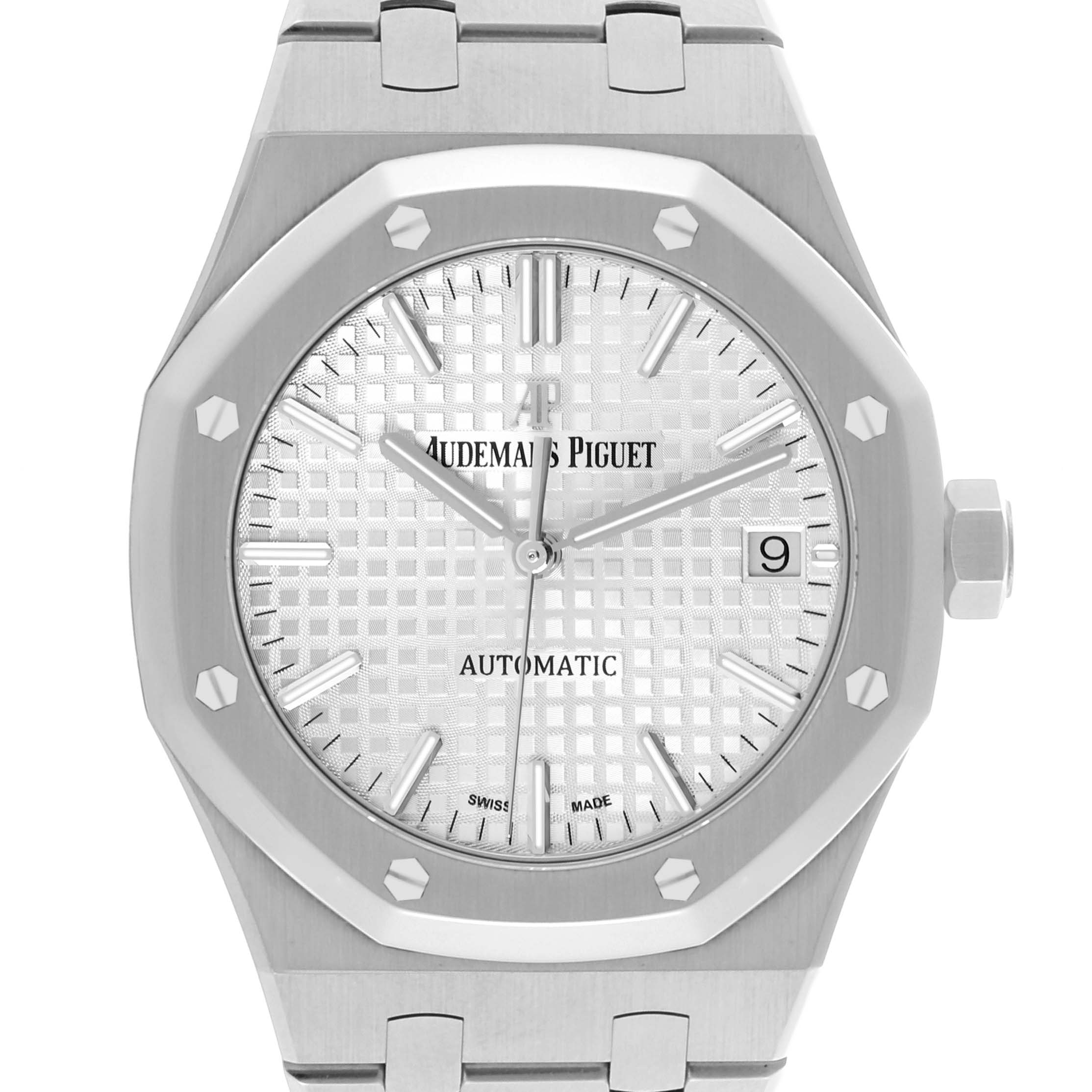 The image shows a front-facing view of an Audemars Piguet Royal Oak 15450ST.OO.1256ST.01 Men's Stainless Steel Silver Dial 15450ST.OO.1256ST.01 Men's Stainless Steel Silver Dial watch, highlighting its octagonal bezel and textured dial.