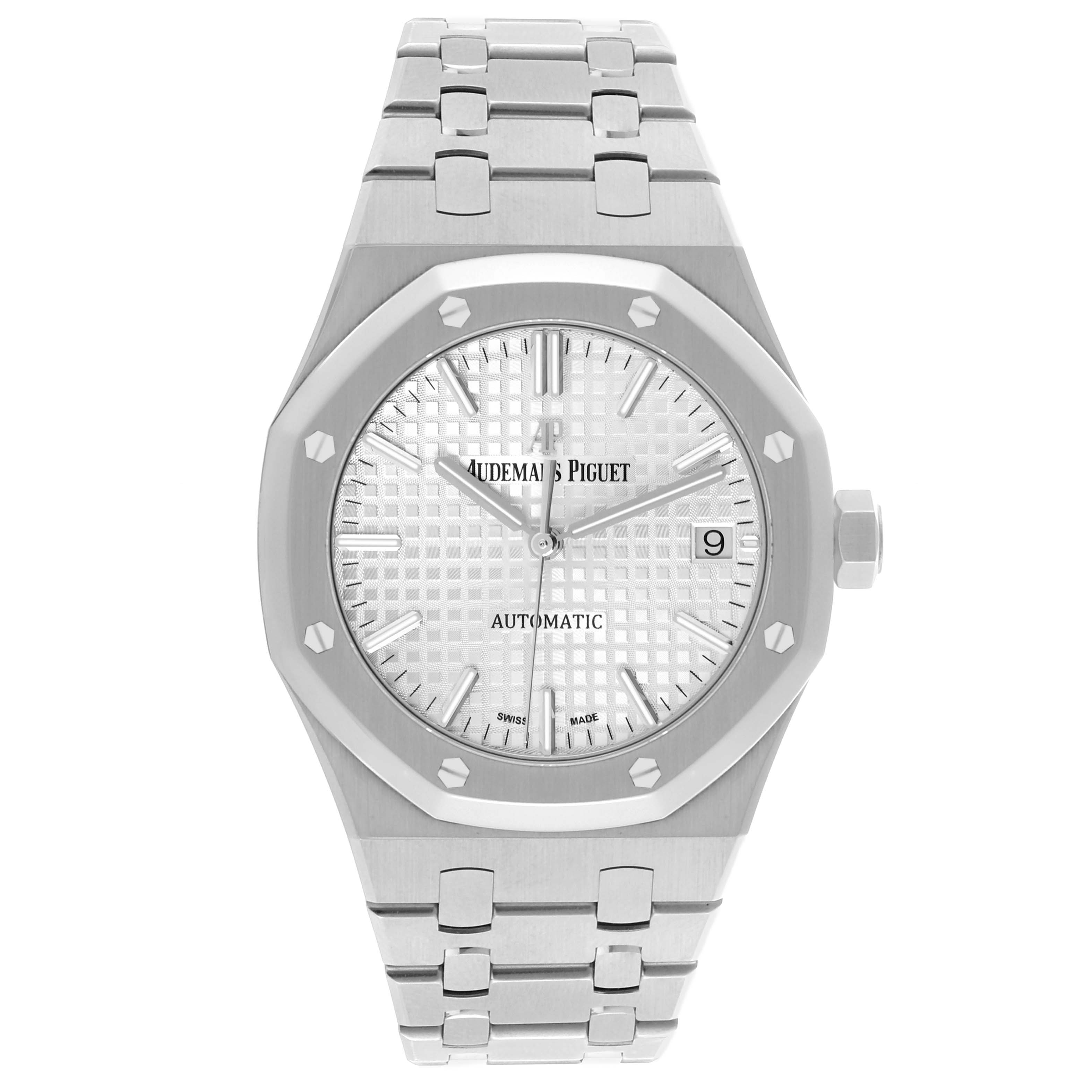 The Audemars Piguet Royal Oak 15450ST.OO.1256ST.01 Men's Stainless Steel Silver Dial 15450ST.OO.1256ST.01 Men's Stainless Steel Silver Dial watch is shown from the front, displaying the face, bezel, bracelet, and crown.