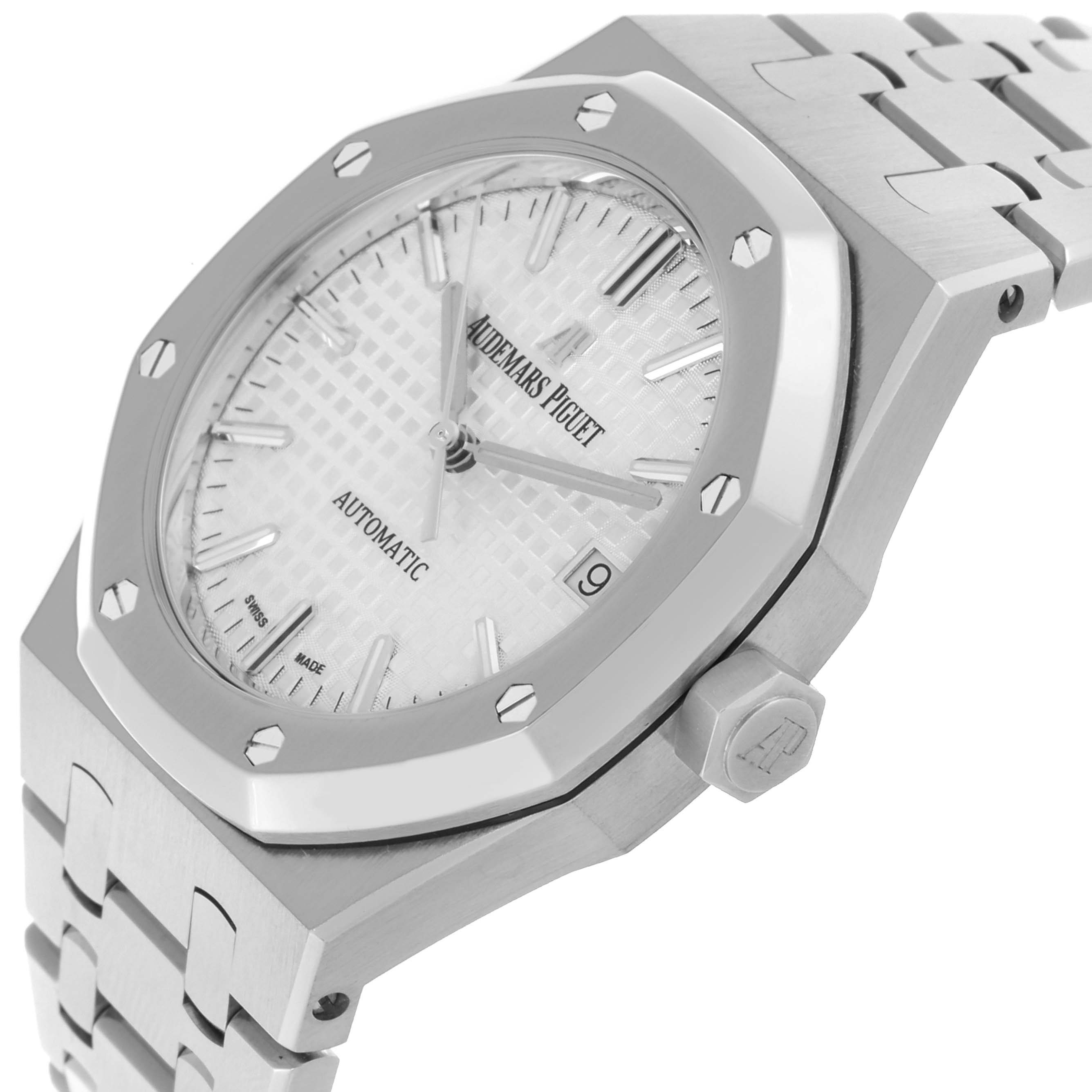 The image shows a side angle of the Audemars Piguet Royal Oak 15450ST.OO.1256ST.01 Men's Stainless Steel Silver Dial 15450ST.OO.1256ST.01 Men's Stainless Steel Silver Dial, highlighting the face, bezel, and bracelet.