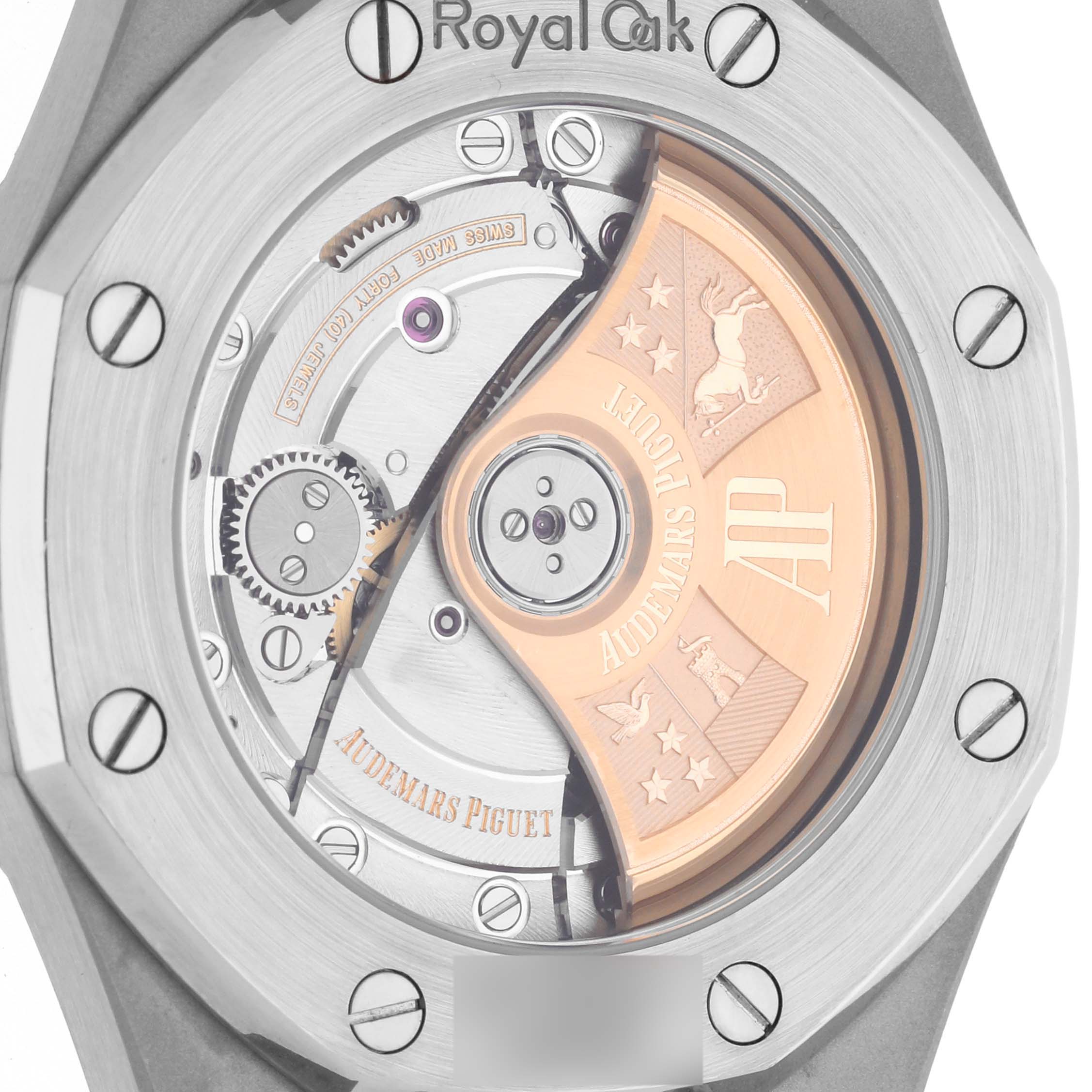 The image shows the back view of the Audemars Piguet Royal Oak 15450ST.OO.1256ST.01 Men's Stainless Steel Silver Dial 15450ST.OO.1256ST.01 Men's Stainless Steel Silver Dial watch, highlighting the movement and rotor.