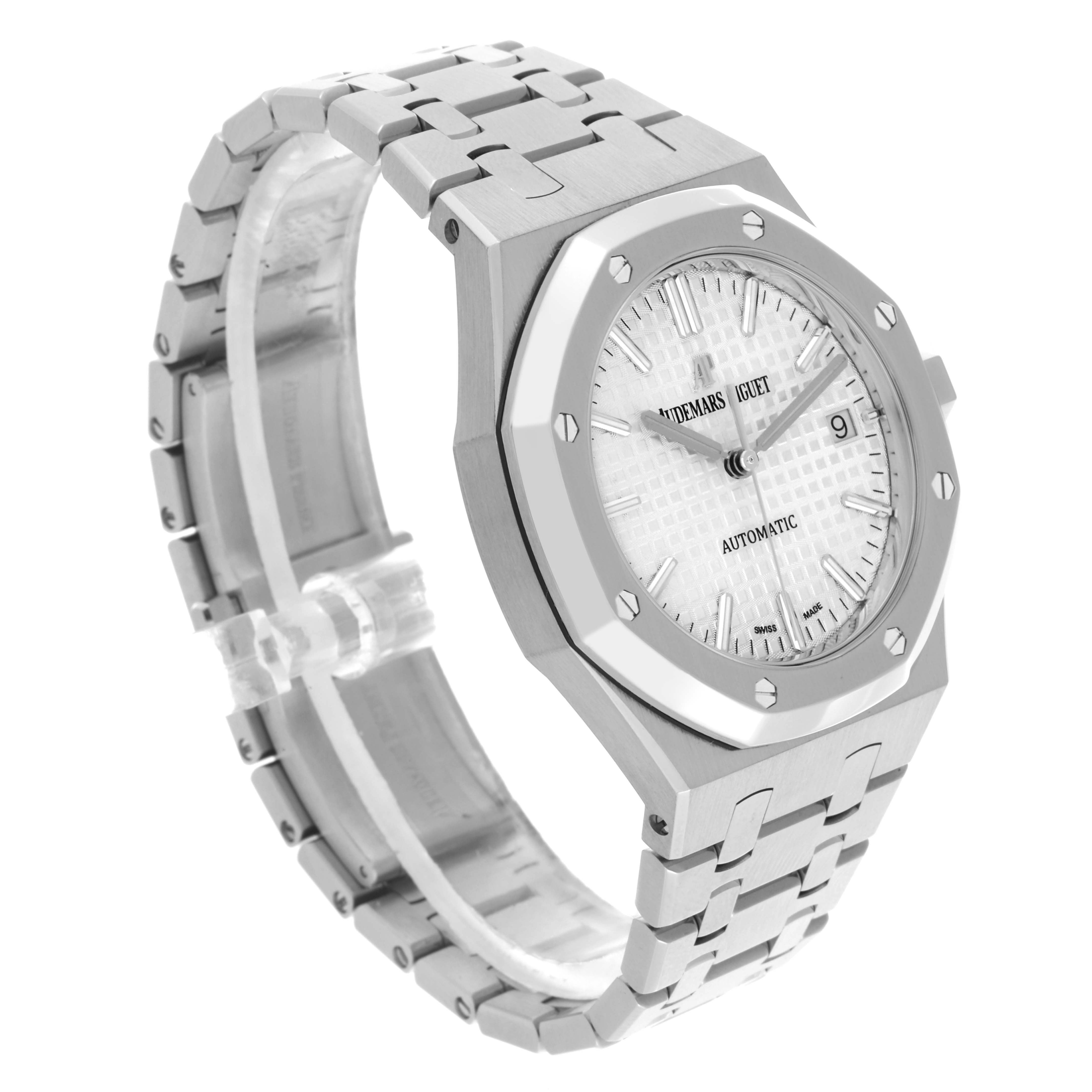 The image shows a side angle of the Audemars Piguet Royal Oak 15450ST.OO.1256ST.01 Men's Stainless Steel Silver Dial 15450ST.OO.1256ST.01 Men's Stainless Steel Silver Dial watch, highlighting the face, bezel, and bracelet.