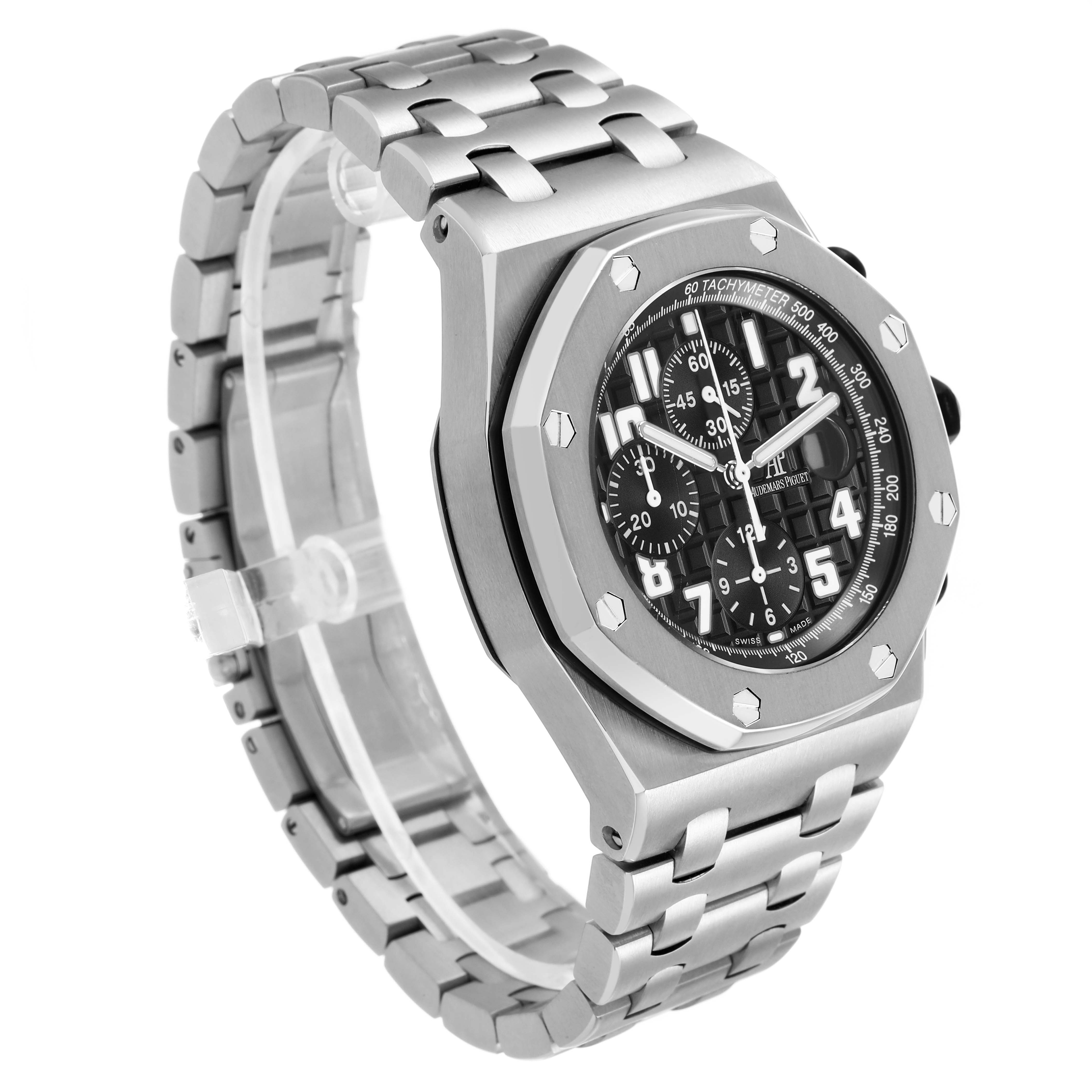 The Audemars Piguet Royal Oak Offshore 26170ST Men's Stainless Steel Black Dial watch is shown at a three-quarter angle, highlighting the bracelet, bezel, and dial.