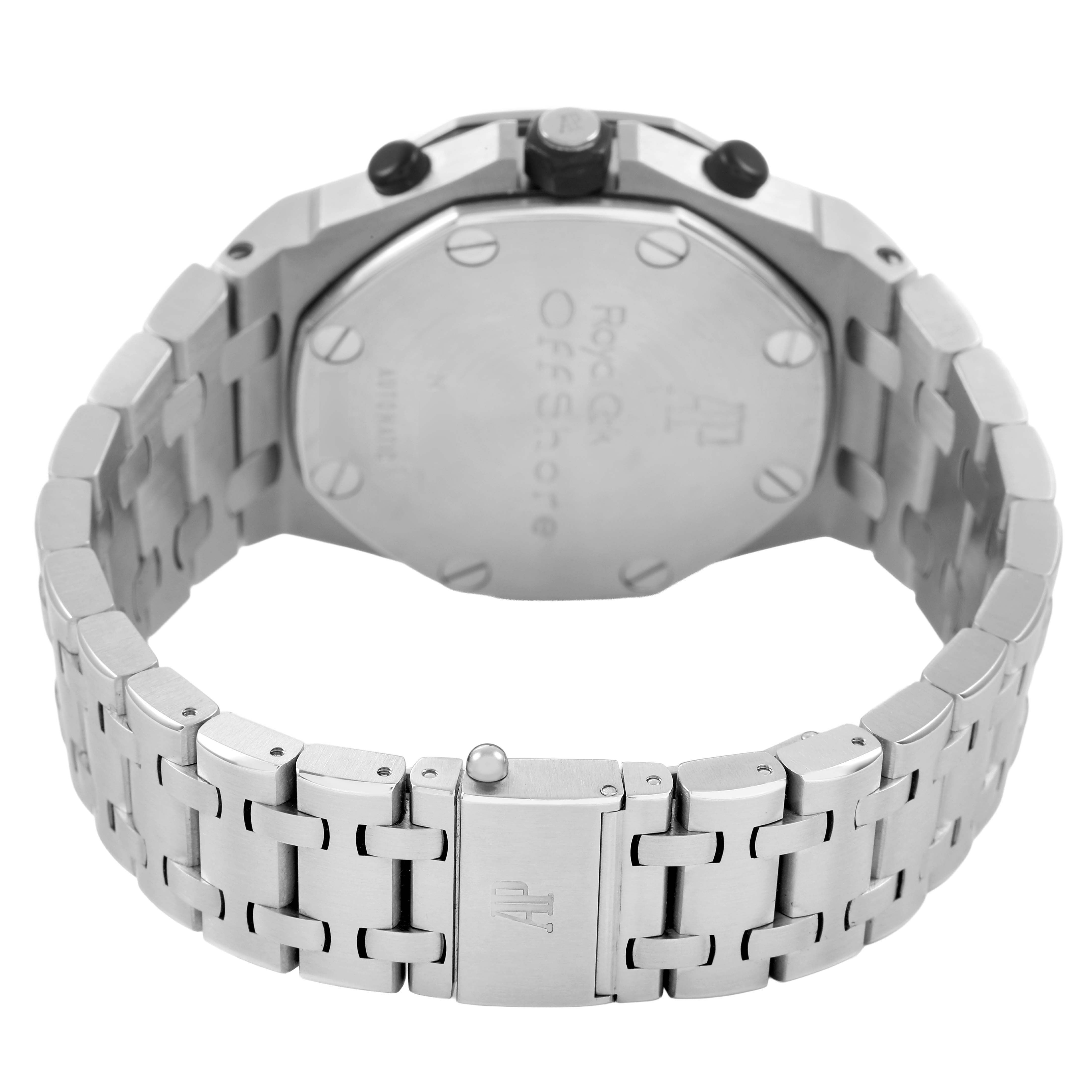 The image shows the back and bracelet of the Audemars Piguet Royal Oak Offshore 26170ST Men's Stainless Steel Black Dial watch, highlighting the clasp and case back.
