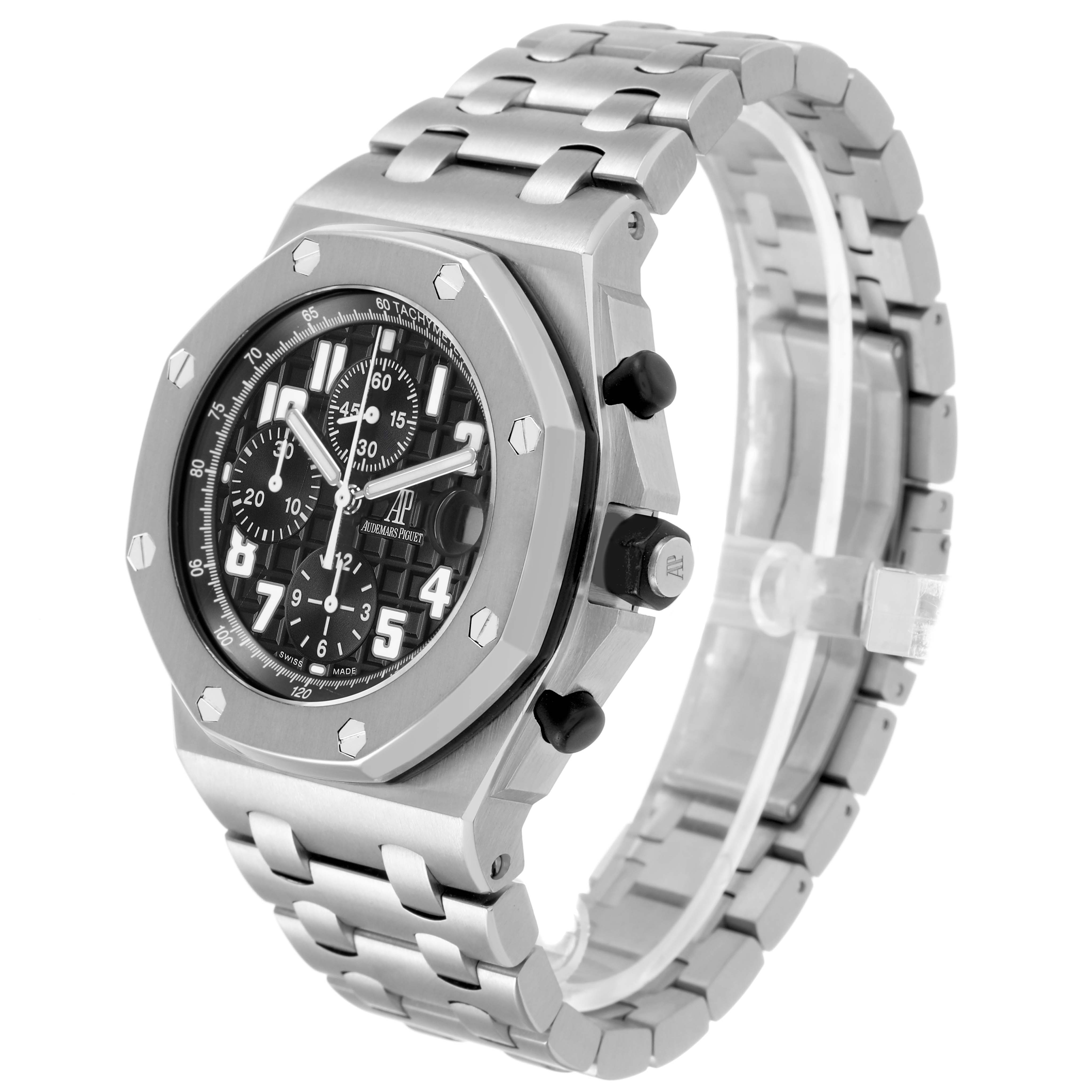 The Audemars Piguet Royal Oak Offshore 26170ST Men's Stainless Steel Black Dial watch is shown at an angle highlighting the bracelet, bezel, dial, and side pushers.