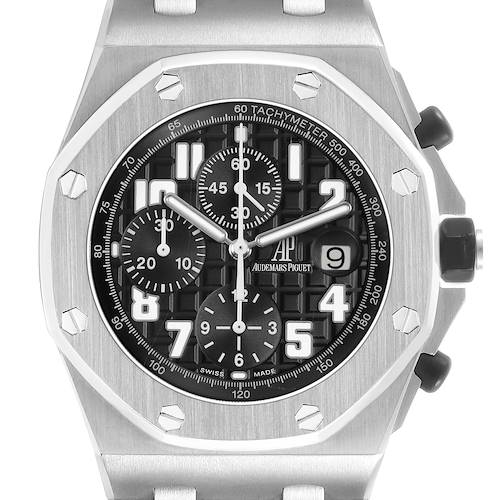 The Audemars Piguet Royal Oak Offshore 26170ST Men's Stainless Steel Black Dial watch is shown from a front angle displaying the face, dial, and bezel.
