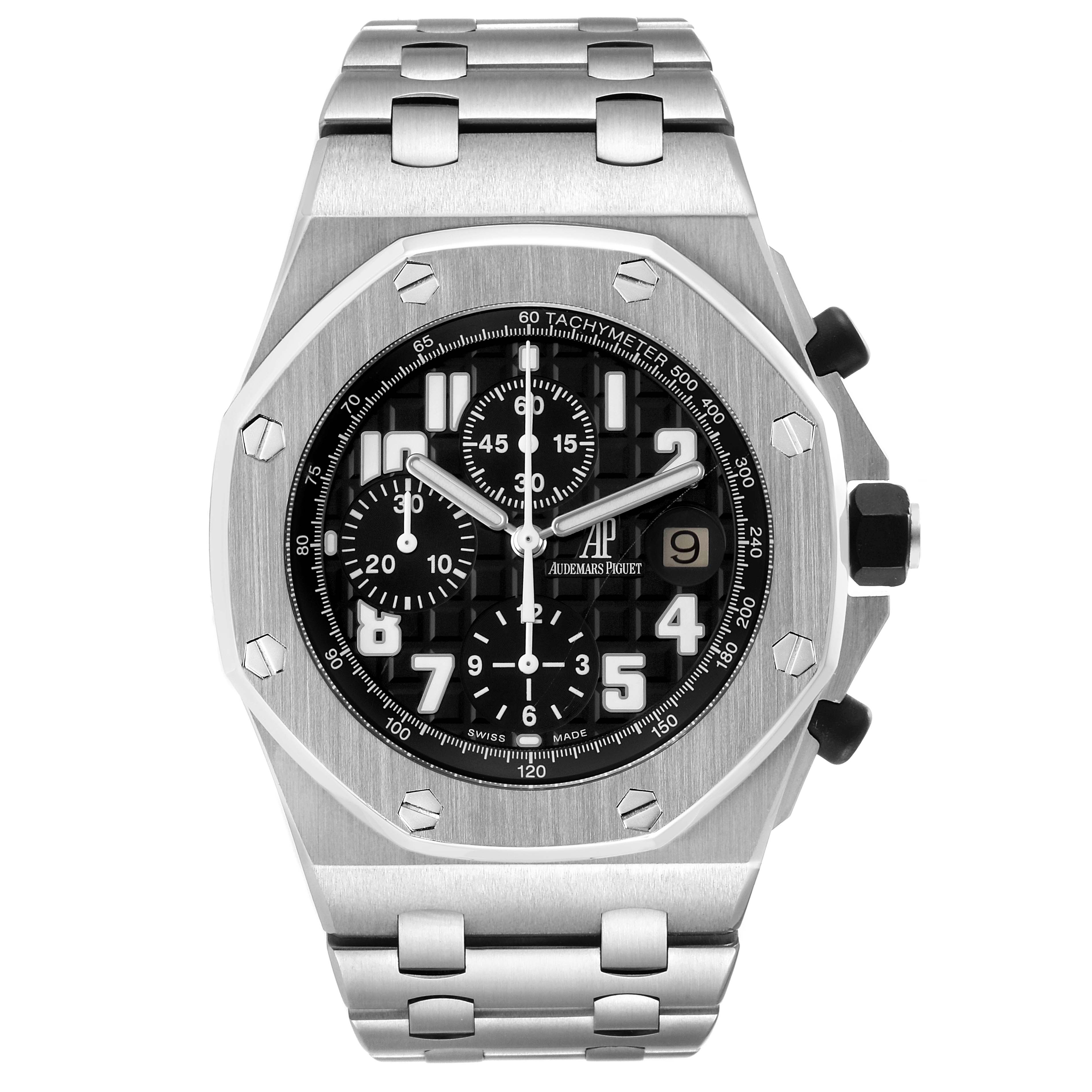 The Audemars Piguet Royal Oak Offshore 26170ST Men
s Stainless Steel Black Dial watch is shown from the front, highlighting its dial, bezel, and bracelet.