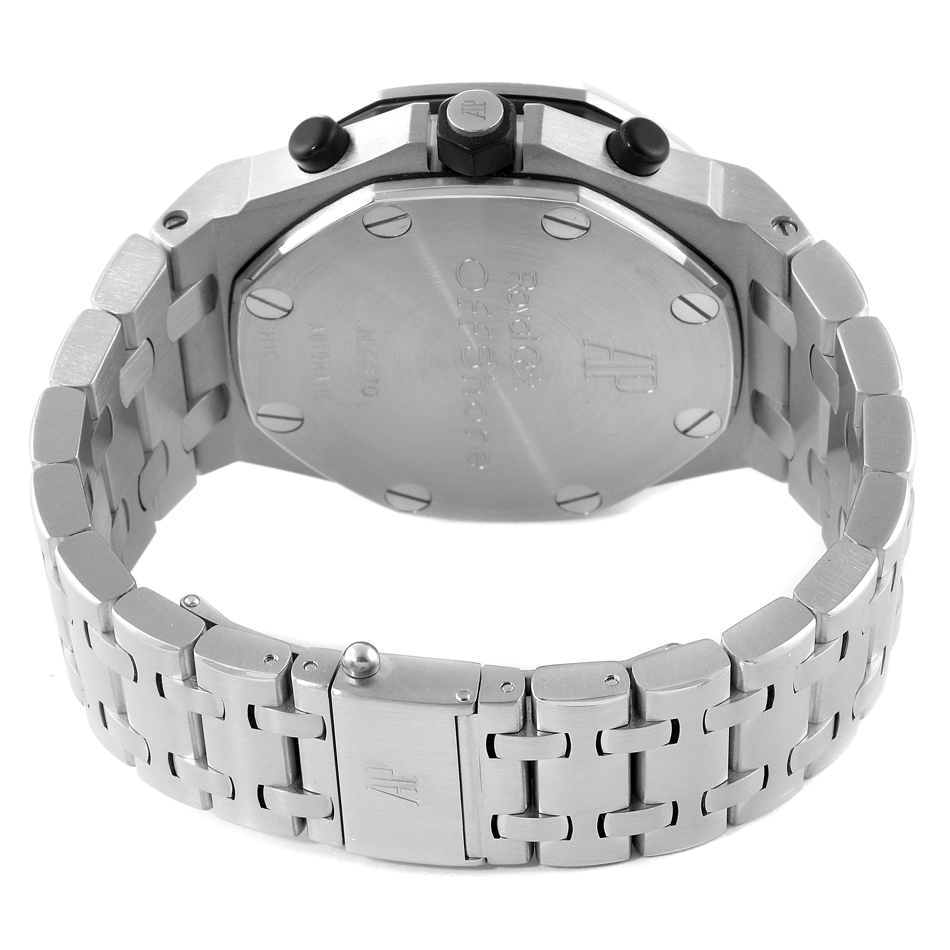 The image shows the back of the Audemars Piguet Royal Oak Offshore 26170ST Men
s Stainless Steel Black Dial watch, focusing on the case back and metal bracelet clasp.