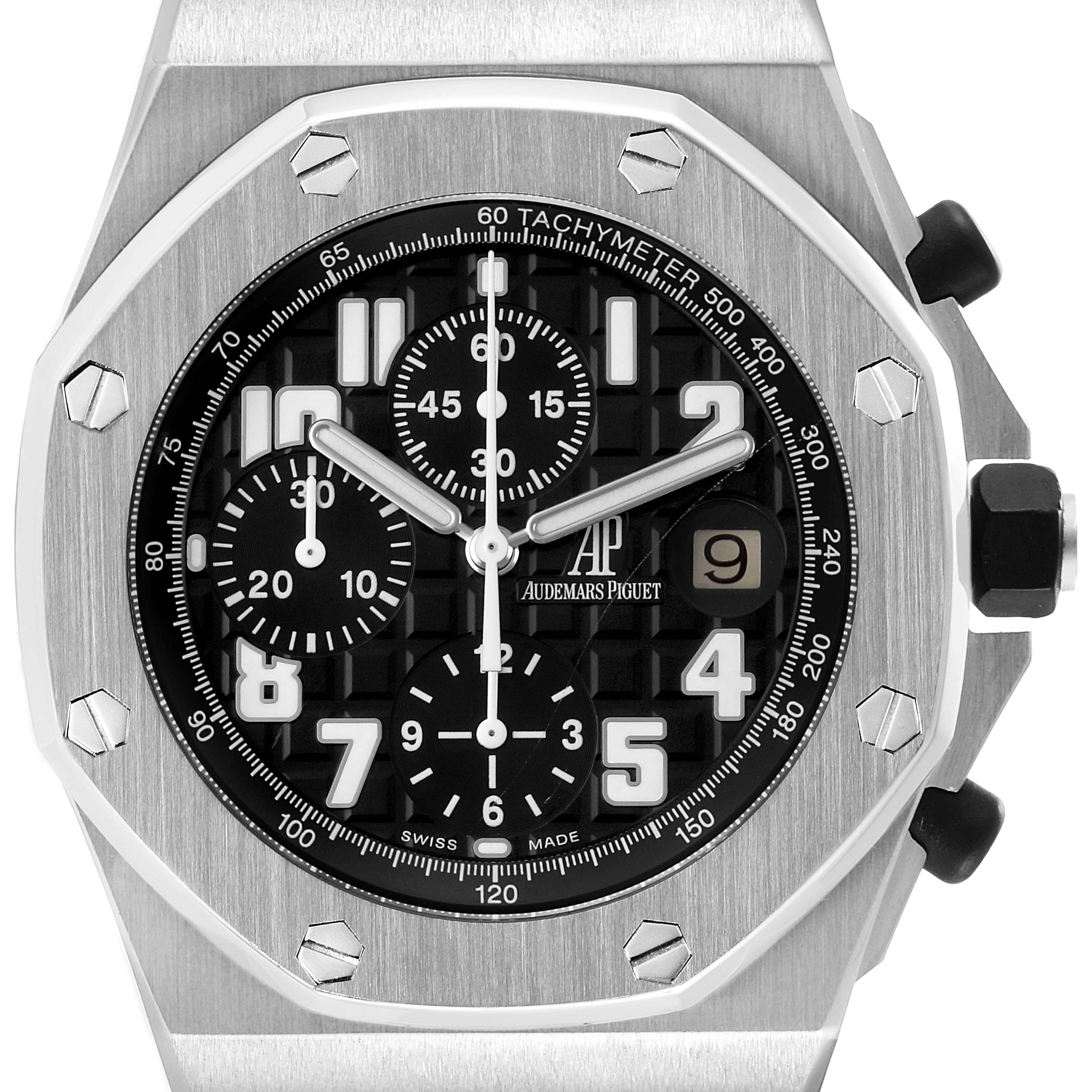 The image shows a frontal view of the Audemars Piguet Royal Oak Offshore 26170ST Men
s Stainless Steel Black Dial watch, detailing its octagonal bezel and tachymeter scale.