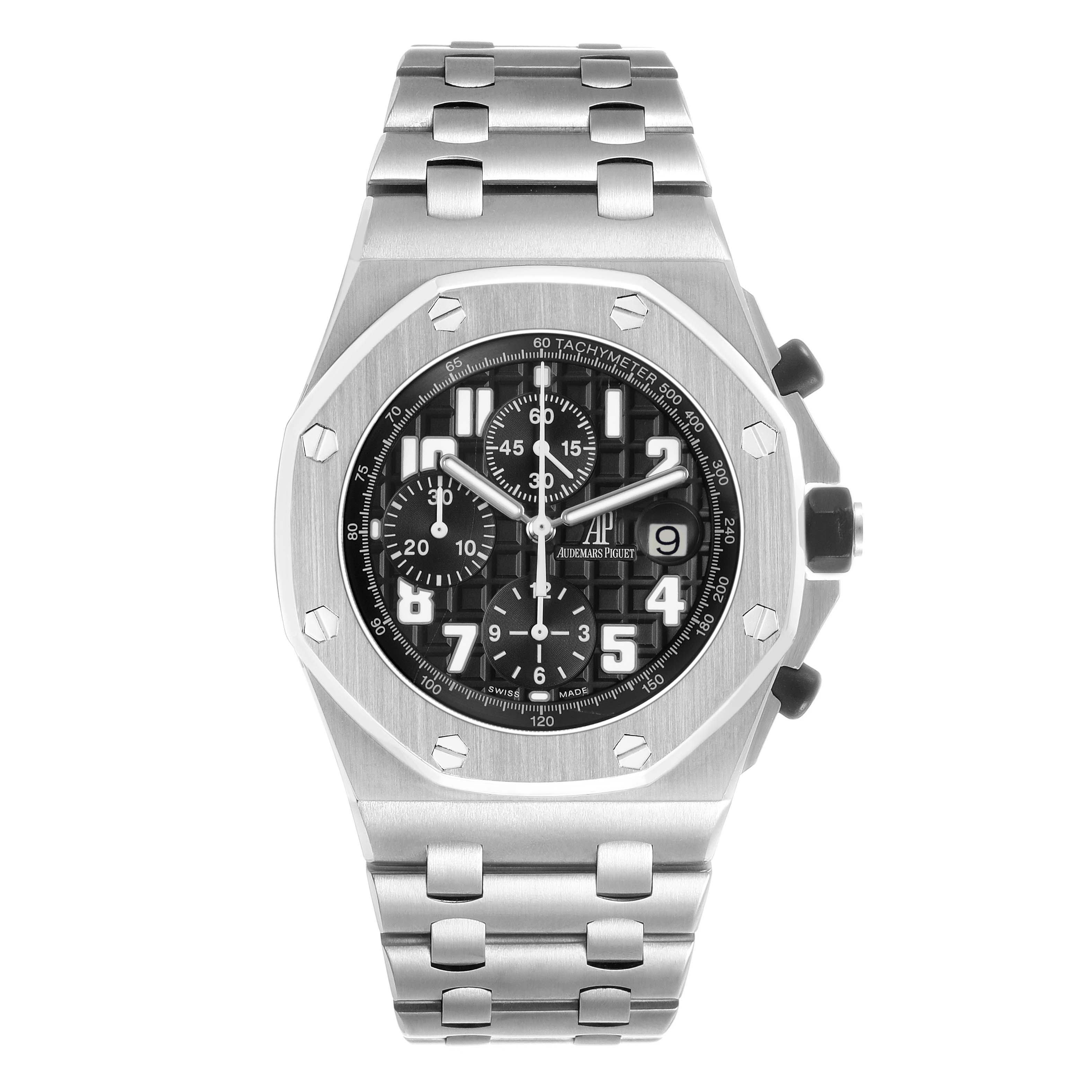 The image shows a front view of the Audemars Piguet Royal Oak Offshore 26170ST Men's Stainless Steel Black Dial watch, highlighting the face, bezel, and bracelet.