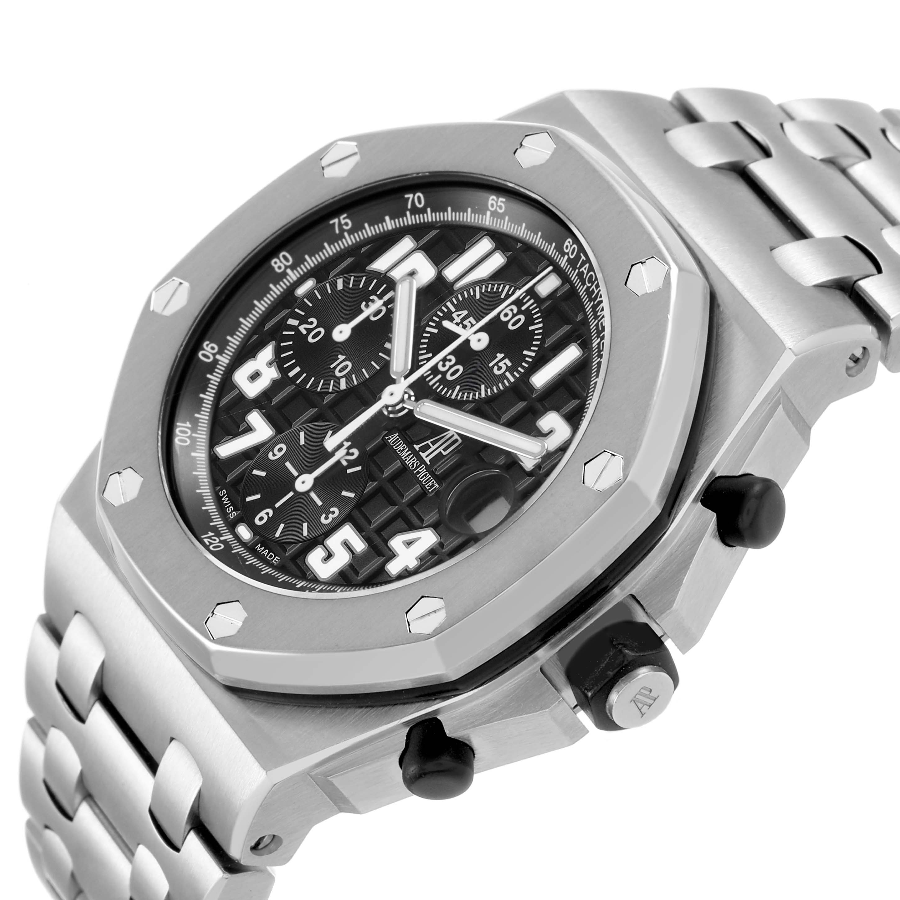 The Audemars Piguet Royal Oak Offshore 26170ST Men's Stainless Steel Black Dial watch is shown at a slight angle, highlighting the bezel, dial, and bracelet.