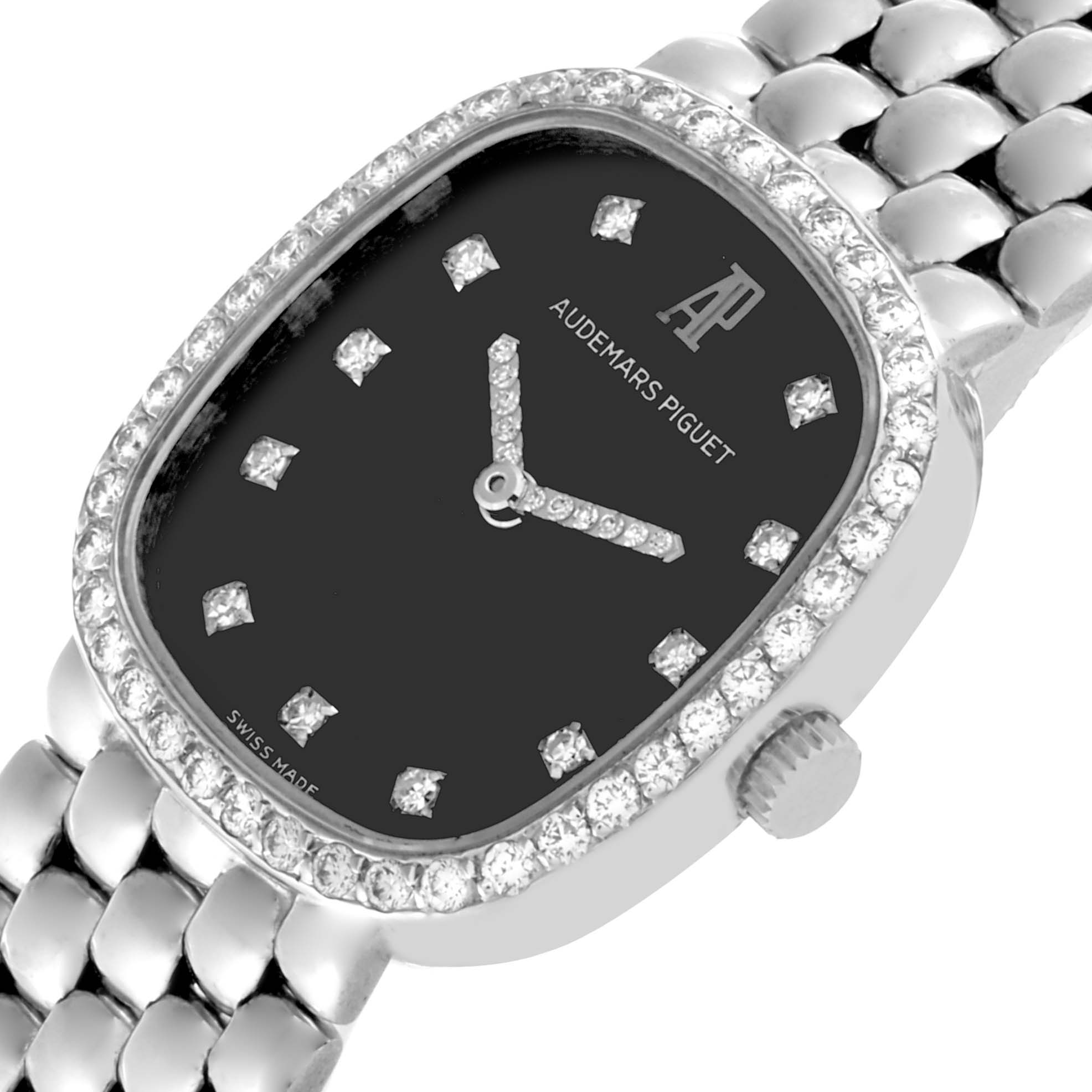 The Audemars Piguet Vintage Women's White Gold Black Dial Women's White Gold Black Dial watch is shown at an angled close-up, highlighting the diamond-set bezel, dial, hands, and bracelet.