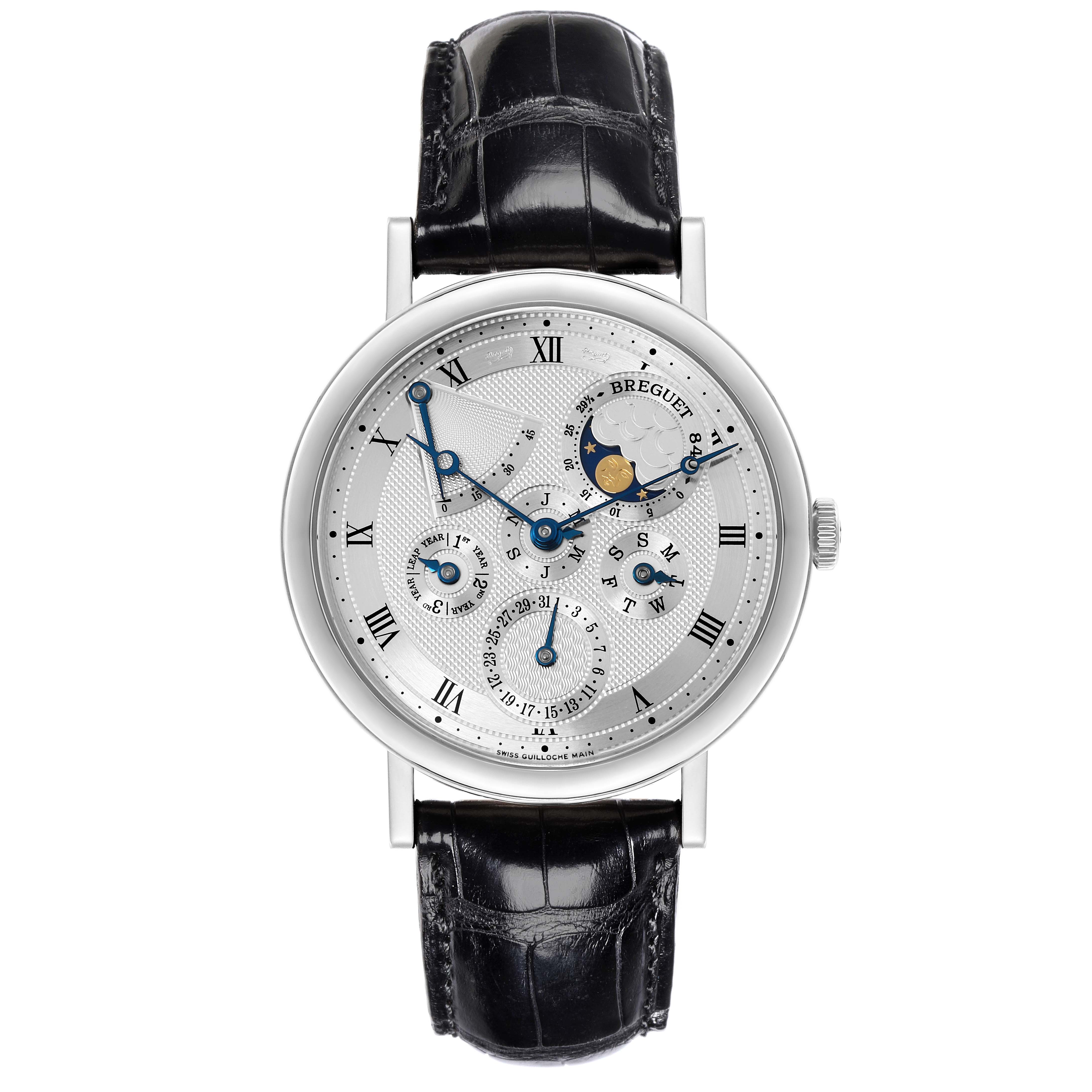 The Breguet Classique 5327BB/1E/9V6 Men's White Gold Silver Dial 5327BB/1E/9V6 Men's White Gold Silver Dial watch is shown from a front angle, displaying the dial, hands, and leather strap.