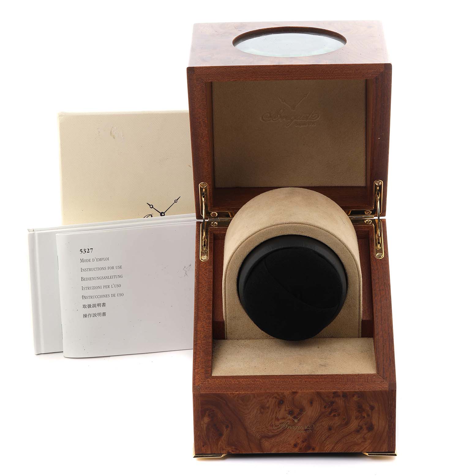 The image shows a Breguet Classique 5327BB/1E/9V6 Men's White Gold Silver Dial 5327BB/1E/9V6 Men's White Gold Silver Dial watch box at a frontal angle, with manuals alongside.