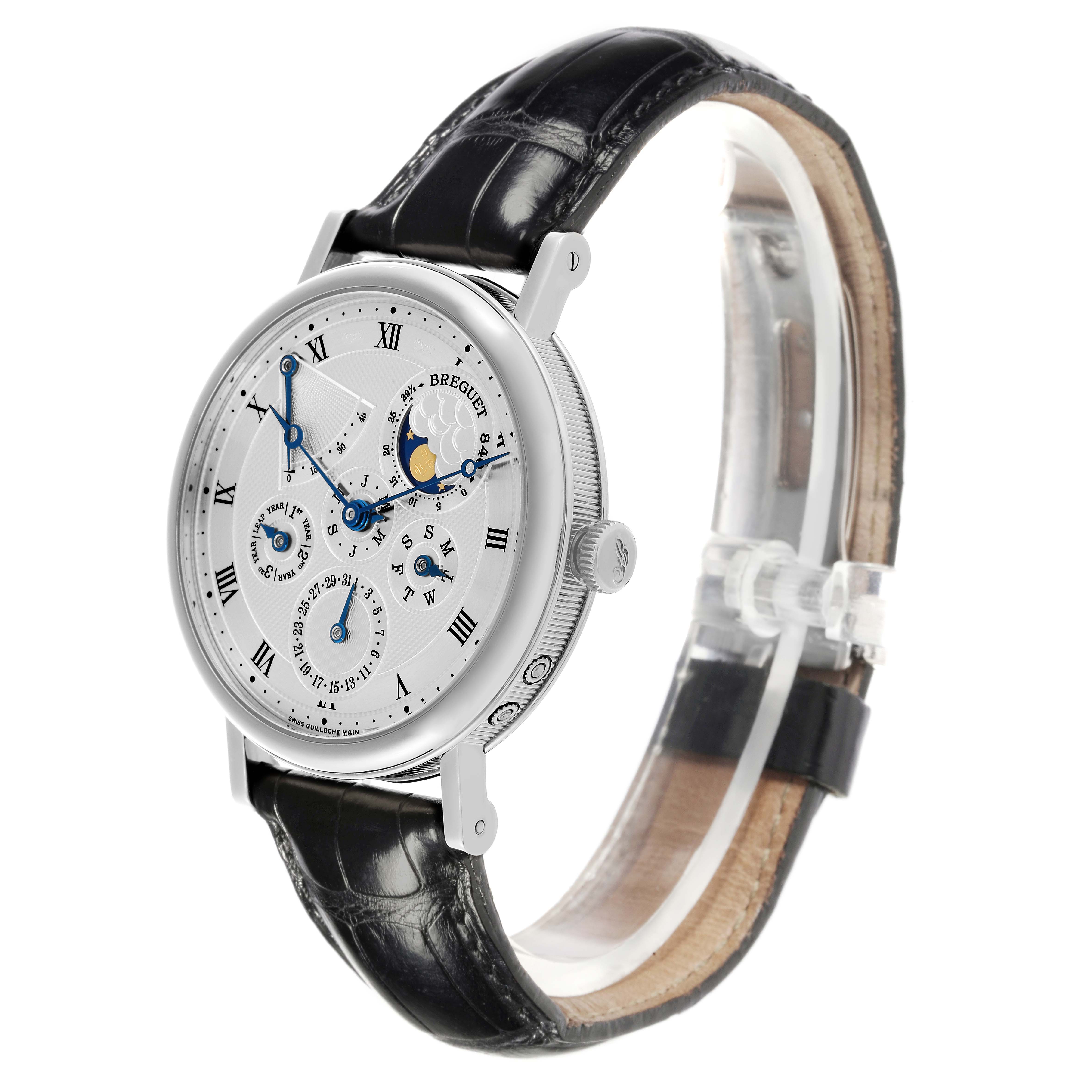 The Breguet Classique 5327BB/1E/9V6 Men's White Gold Silver Dial 5327BB/1E/9V6 Men's White Gold Silver Dial watch is shown at a three-quarter angle, displaying the dial, crown, and leather strap.