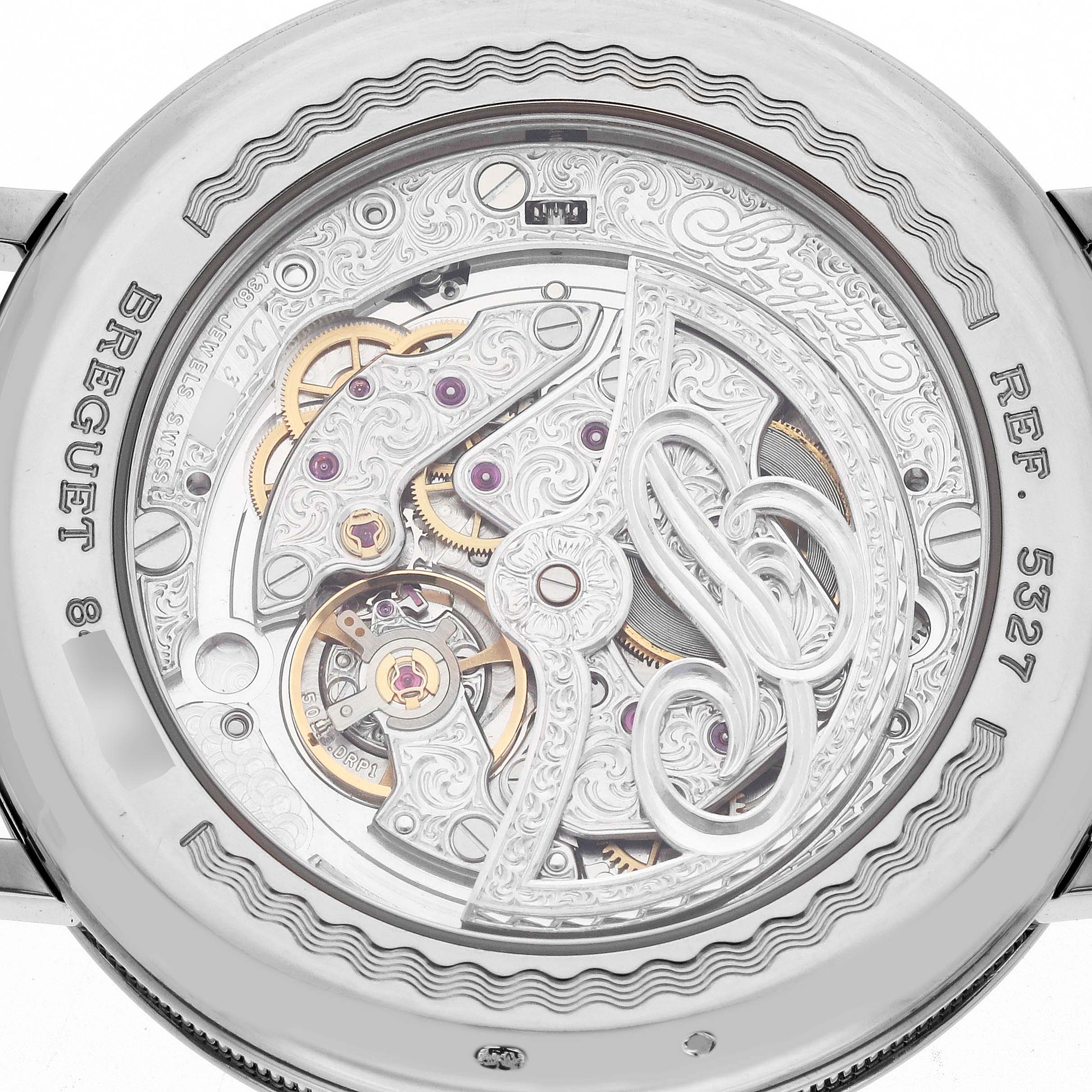The image shows the back view of the Breguet Classique 5327BB/1E/9V6 Men's White Gold Silver Dial 5327BB/1E/9V6 Men's White Gold Silver Dial, highlighting its intricate movement and engravings.
