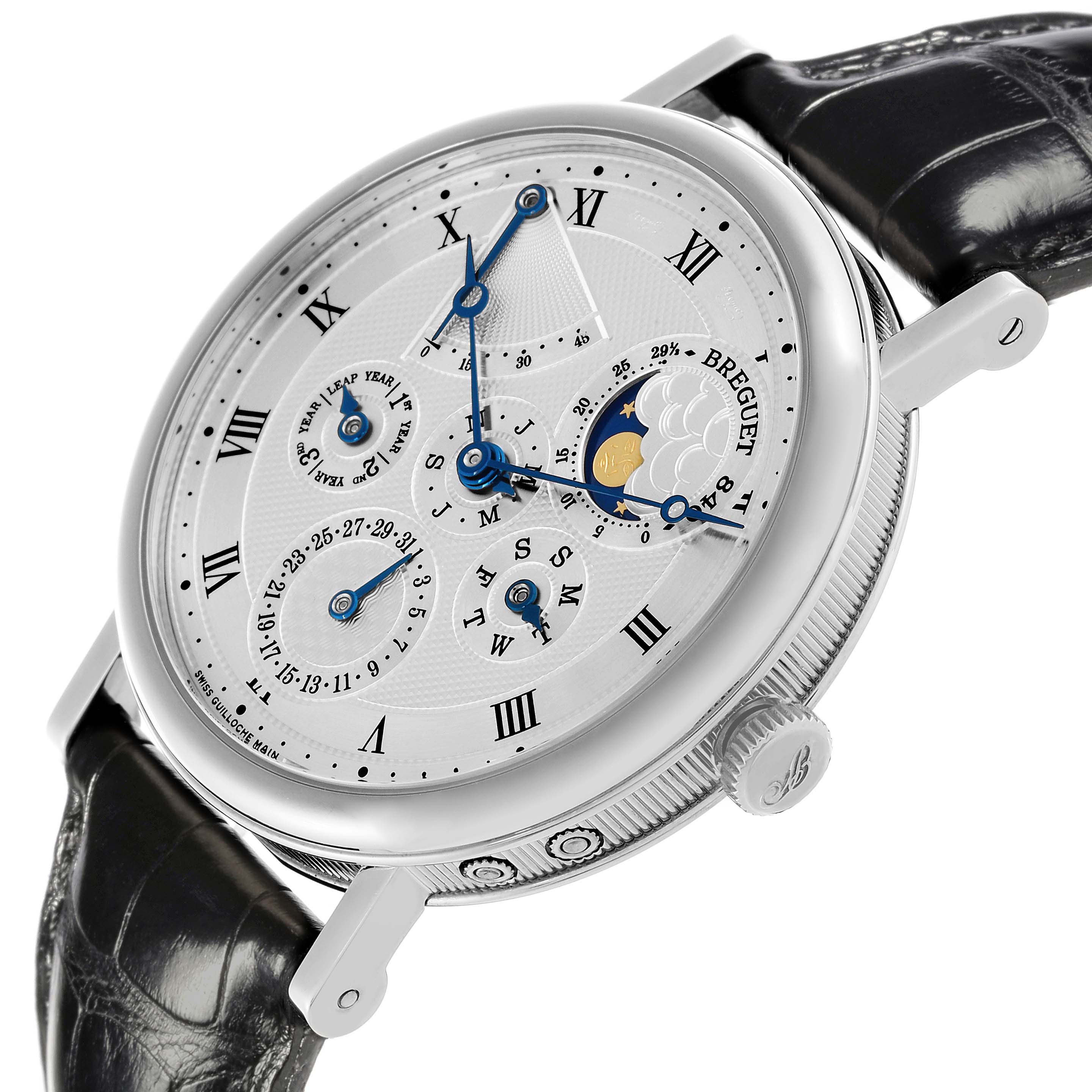 The Breguet Classique 5327BB/1E/9V6 Men's White Gold Silver Dial 5327BB/1E/9V6 Men's White Gold Silver Dial watch is shown at a slight angle, displaying its face, Roman numerals, and various dials, with a leather strap.