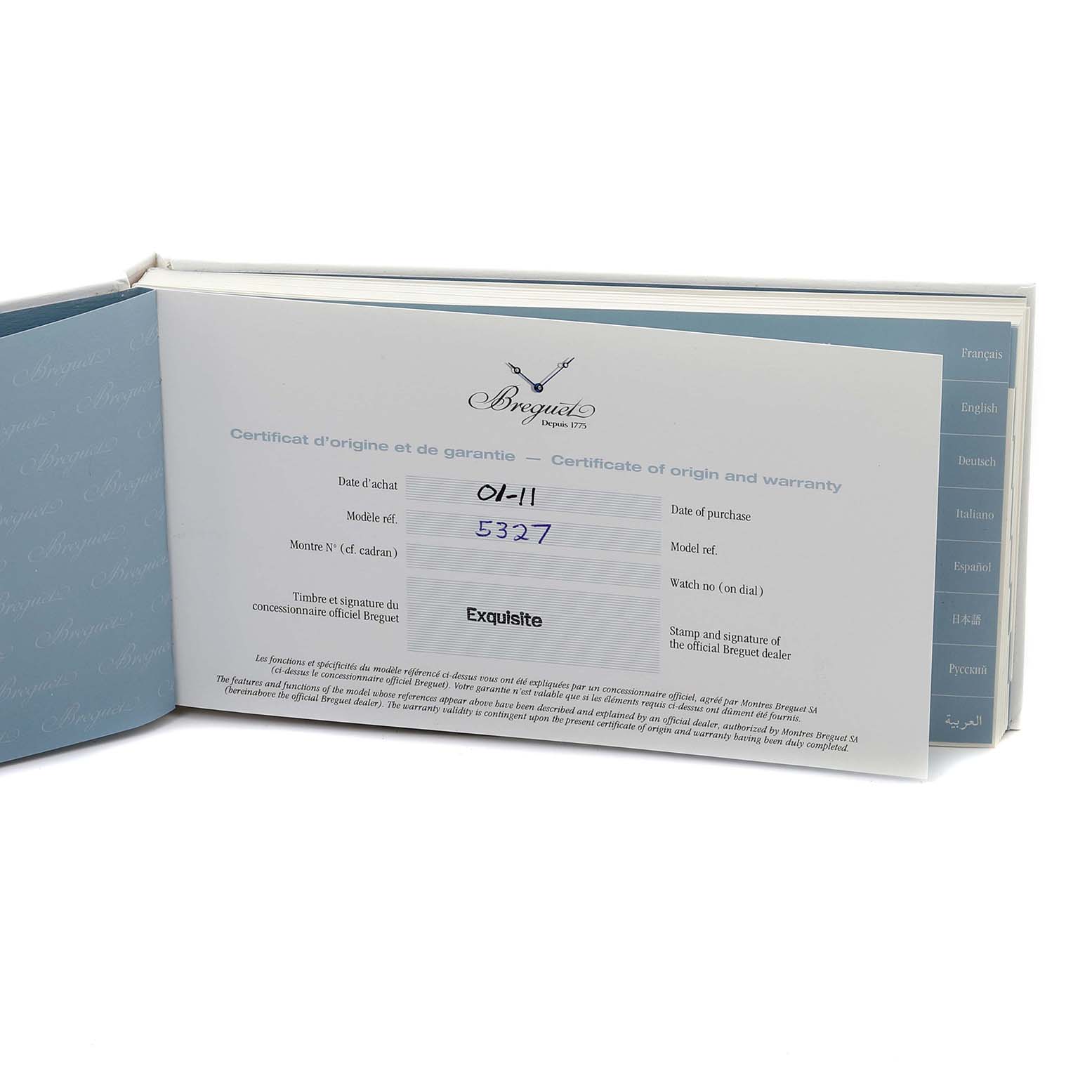 The image shows a warranty booklet for a Breguet Classique 5327BB/1E/9V6 Men's White Gold Silver Dial 5327BB/1E/9V6 Men's White Gold Silver Dial watch, open to display the certificate of origin and warranty details.