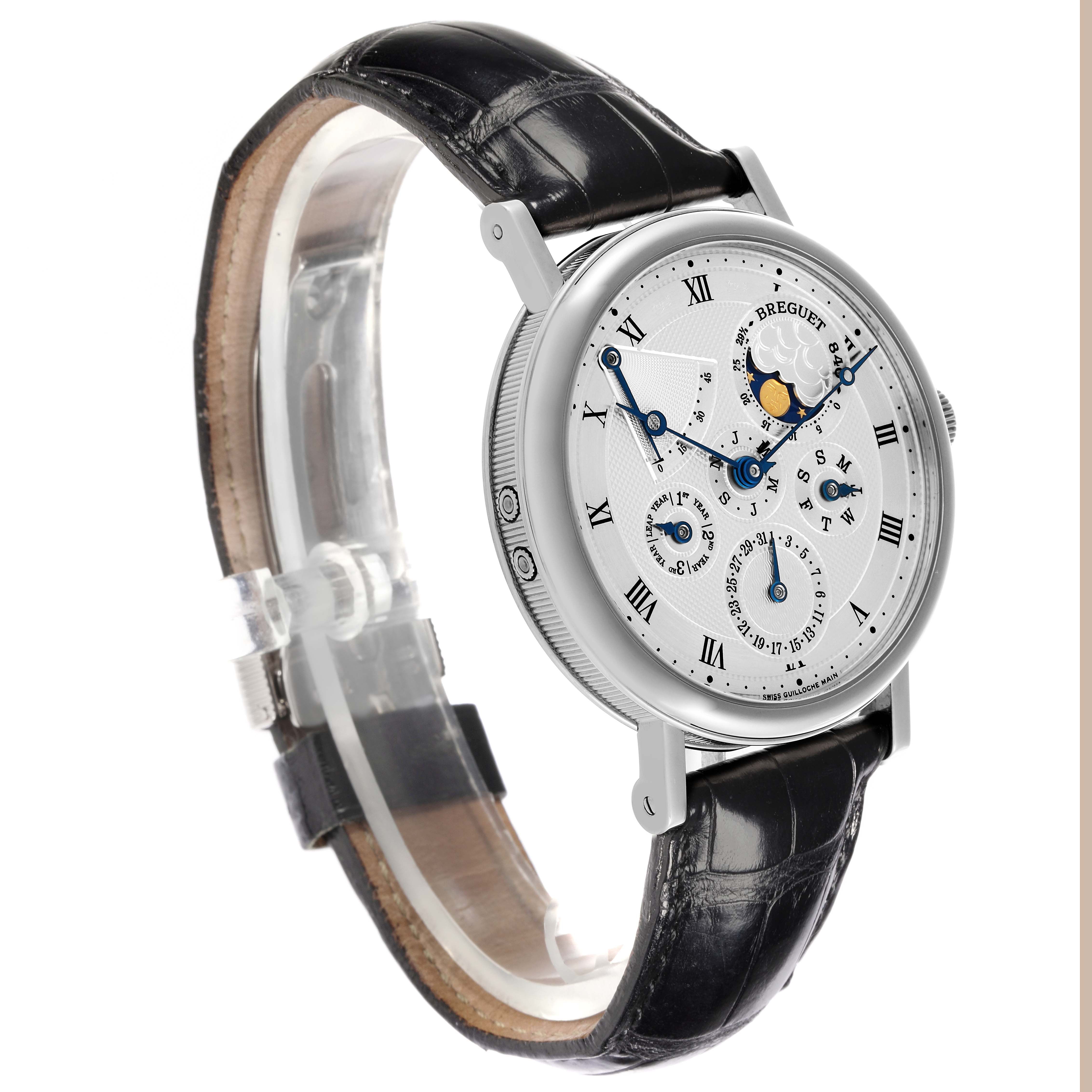 The Breguet Classique 5327BB/1E/9V6 Men's White Gold Silver Dial 5327BB/1E/9V6 Men's White Gold Silver Dial watch is shown at a three-quarter angle featuring the watch face, side, and part of the strap.