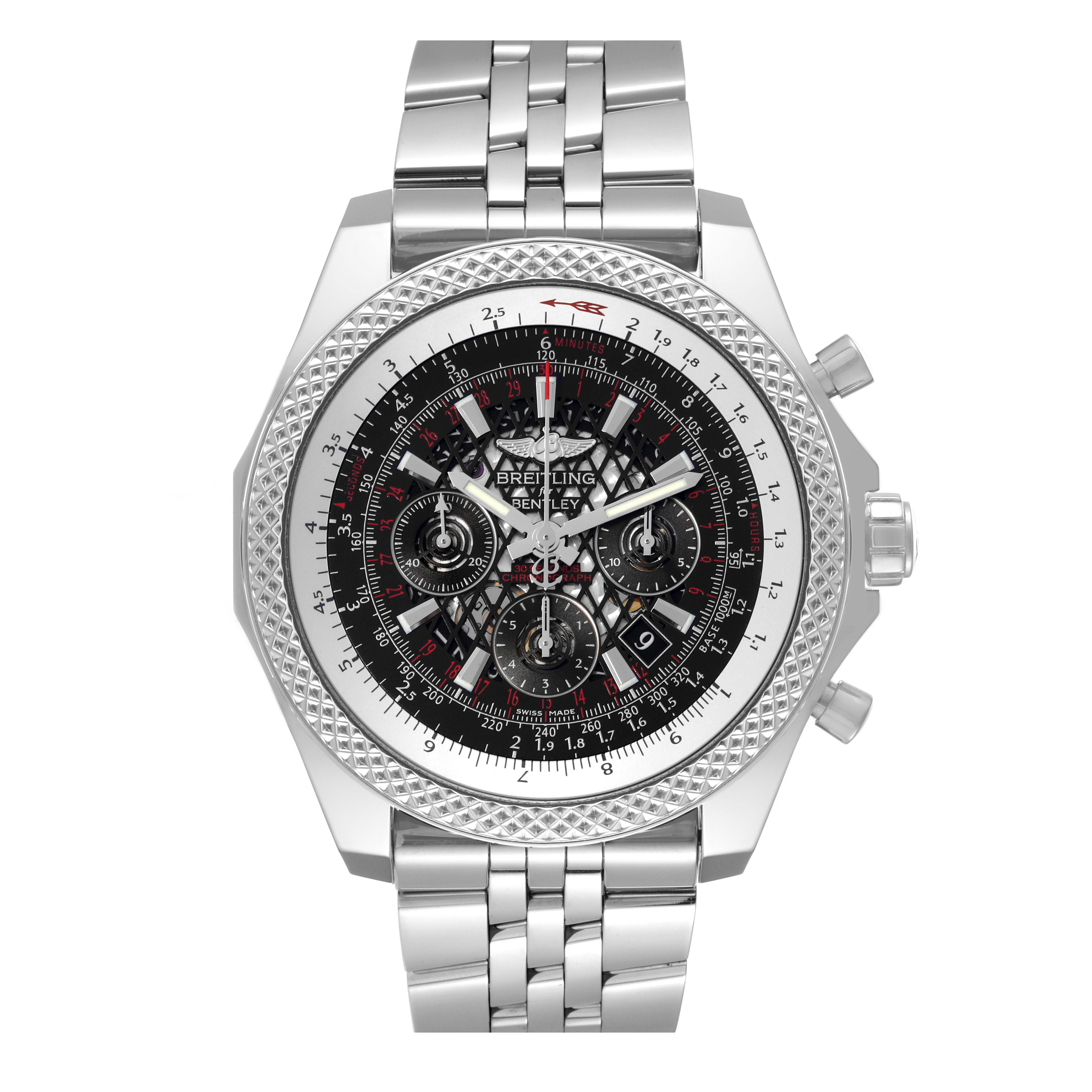 The Breitling Bentley AB061112.BD80.990A Men's Stainless Steel Black Dial AB061112.BD80.990A Men's Stainless Steel Black Dial watch is shown from the front, displaying its face, bezel, crown, chronograph dials, and bracelet.