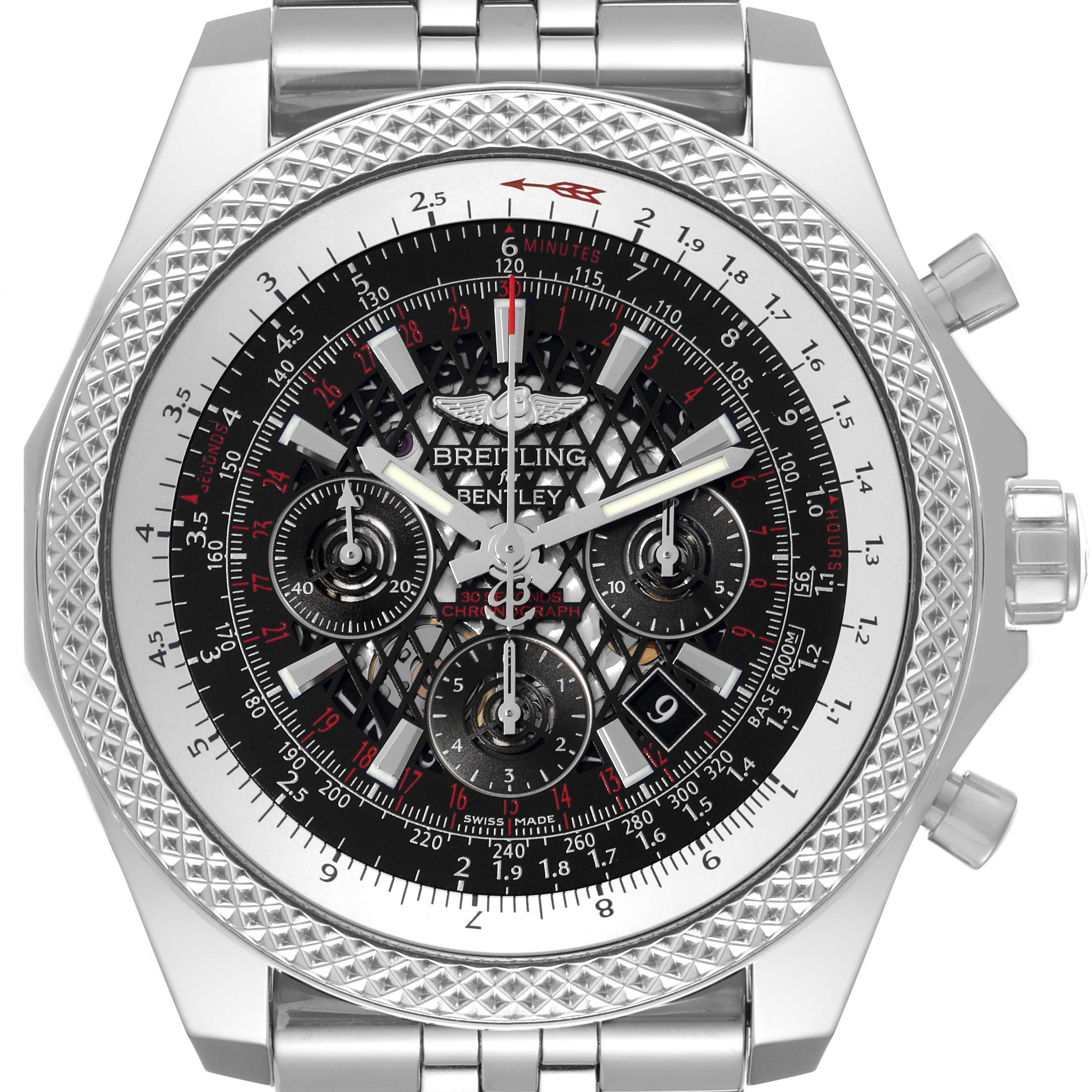 The Breitling Bentley AB061112.BD80.990A Men's Stainless Steel Black Dial AB061112.BD80.990A Men's Stainless Steel Black Dial model watch is shown from the front, highlighting its intricate black dial and silver bracelet.