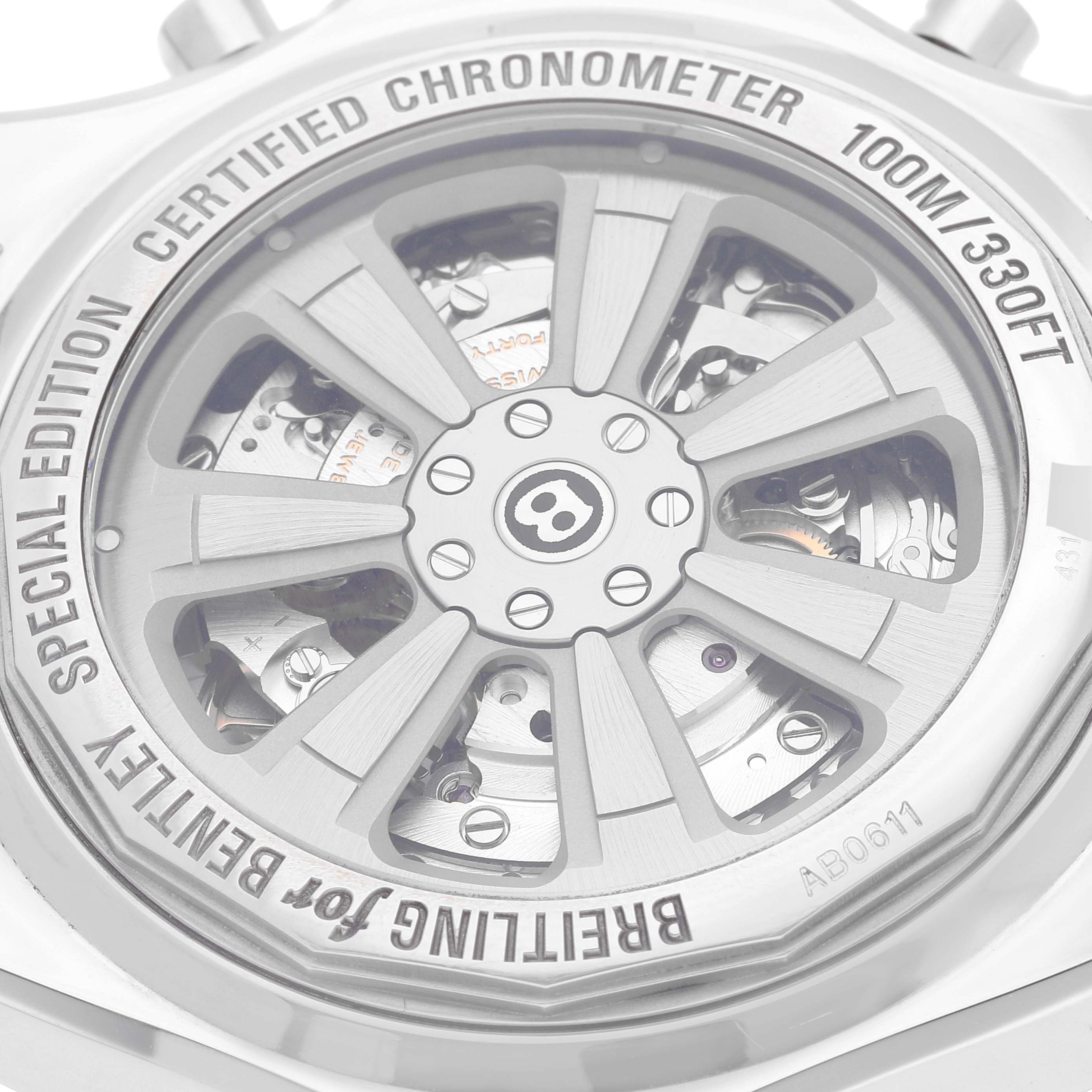 The image shows the back of a Bentley model Breitling watch, highlighting the movement and branding.