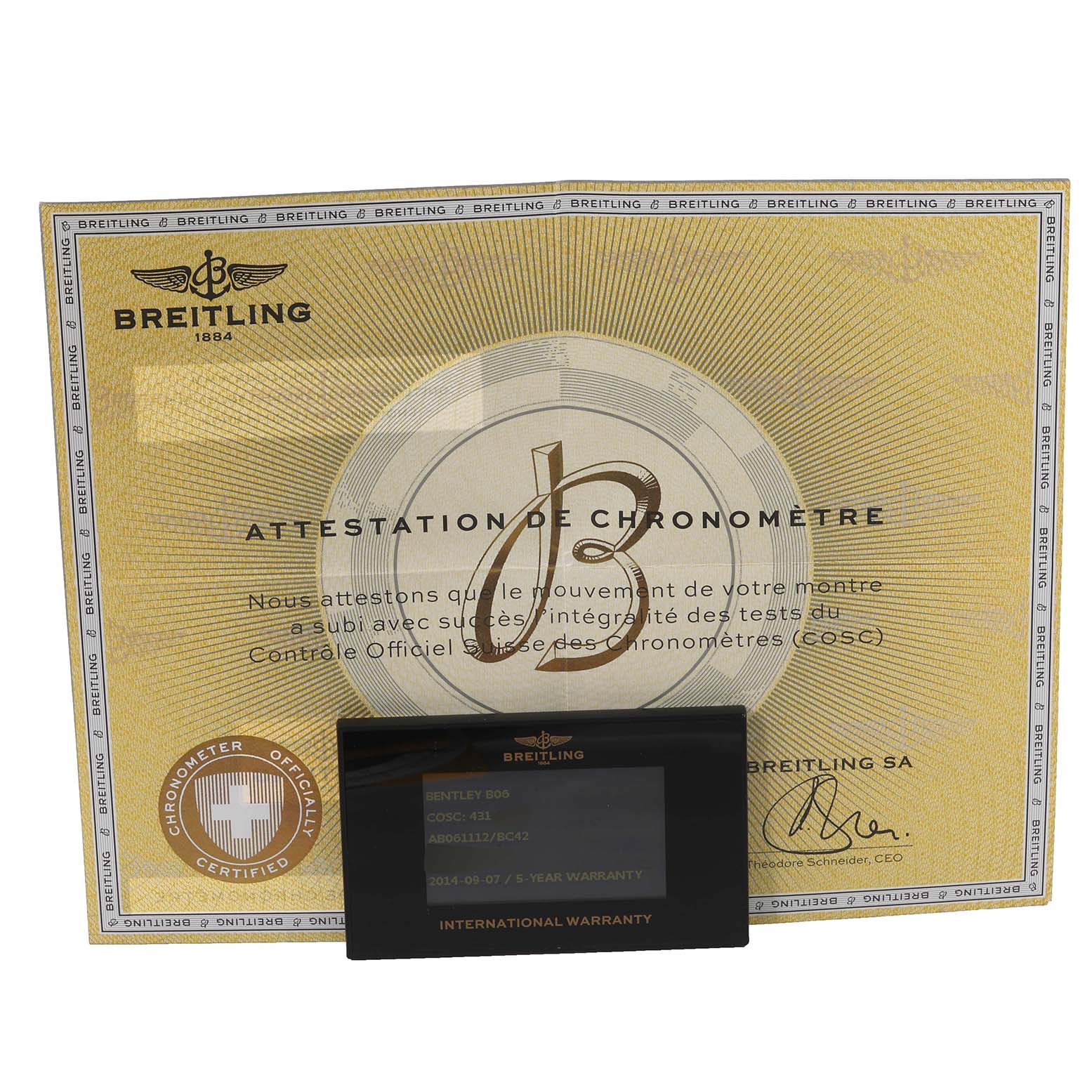 The image shows the certificate and international warranty card for a Breitling Bentley AB061112.BD80.990A Men's Stainless Steel Black Dial AB061112.BD80.990A Men's Stainless Steel Black Dial model watch.