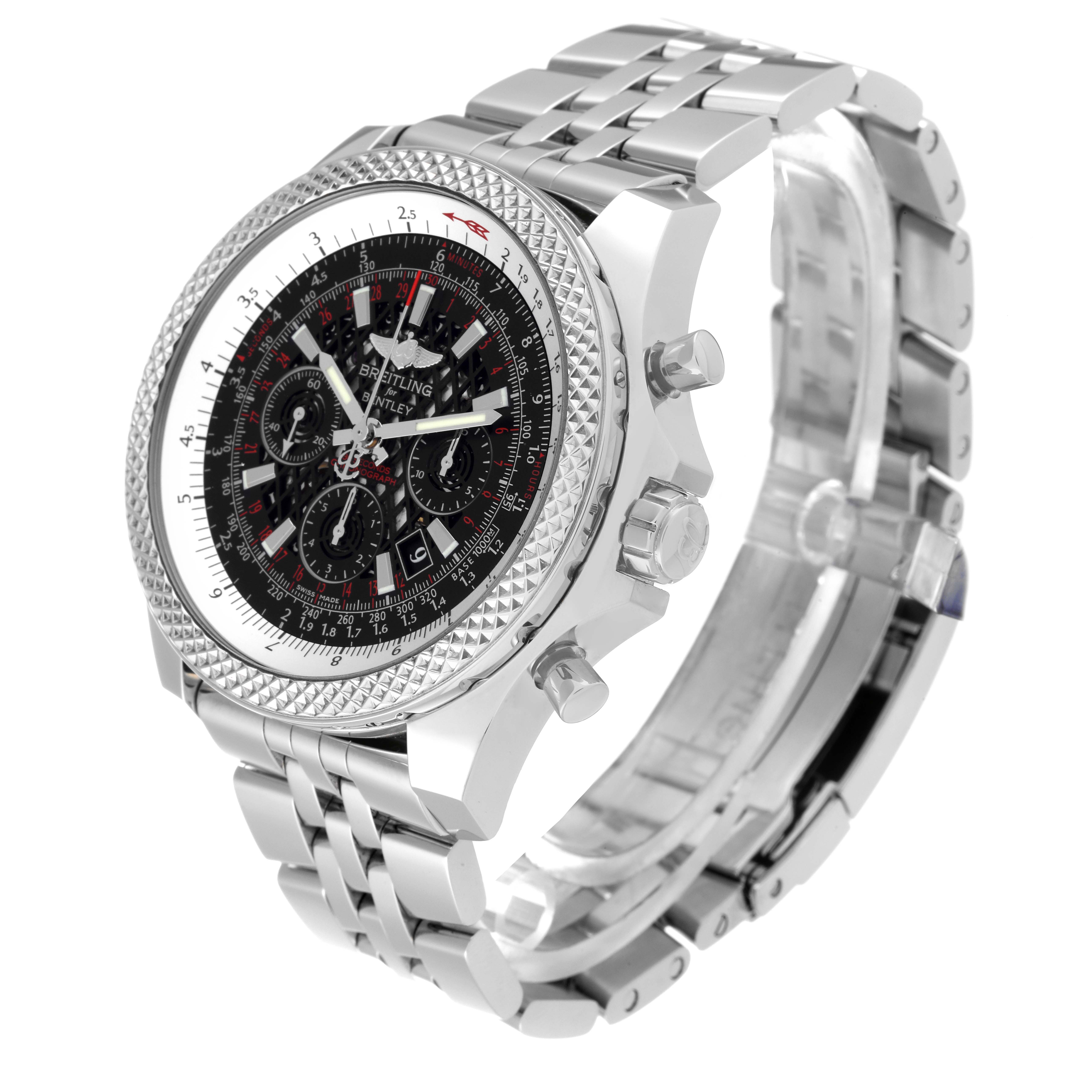 The image shows a Breitling Bentley AB061112.BD80.990A Men's Stainless Steel Black Dial AB061112.BD80.990A Men's Stainless Steel Black Dial watch from an angled side view, displaying the face, bezel, pushers, crown, and part of the bracelet.