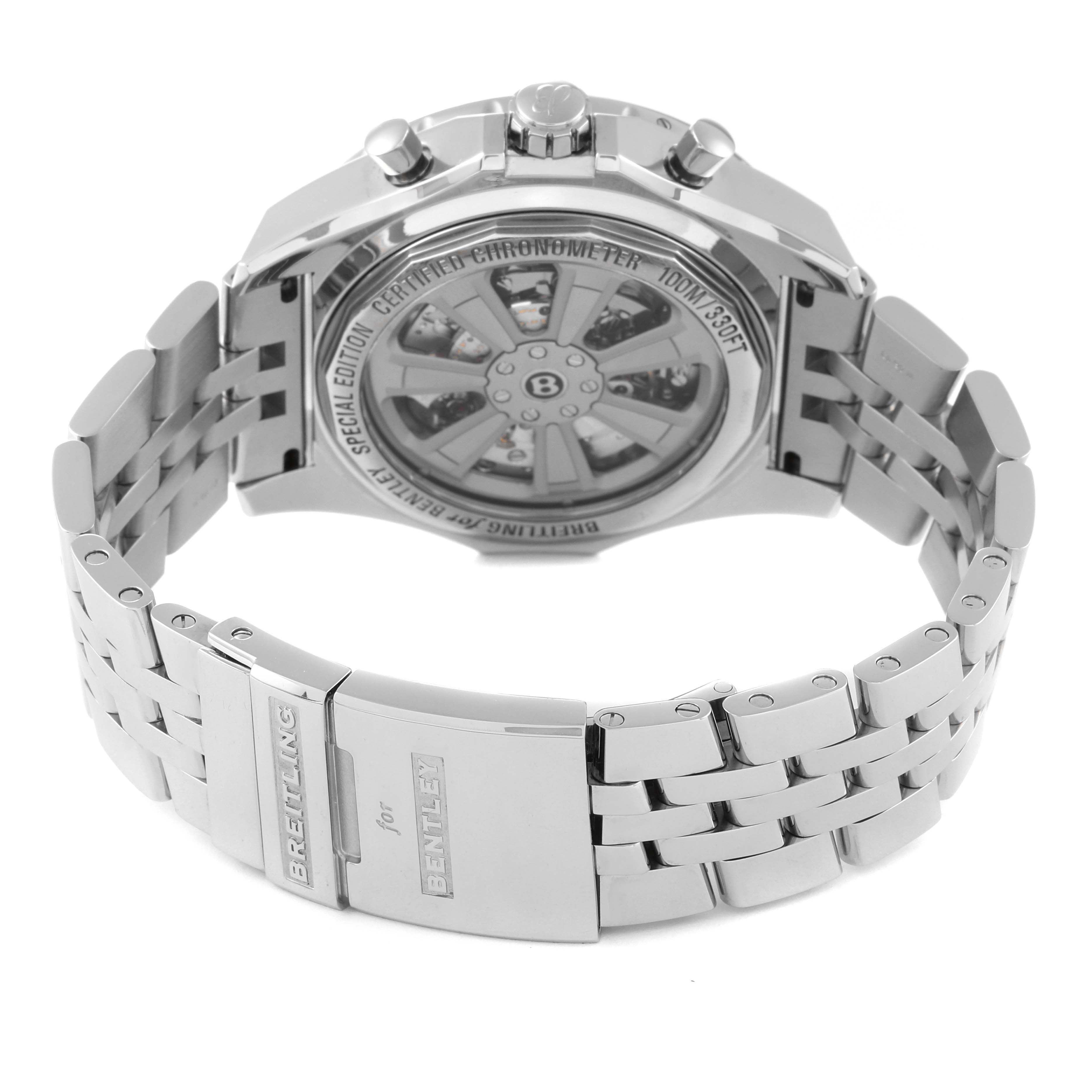 The image shows the back view of a Breitling Bentley AB061112.BD80.990A Men's Stainless Steel Black Dial AB061112.BD80.990A Men's Stainless Steel Black Dial model watch, highlighting its metal case, clasp, and bracelet.