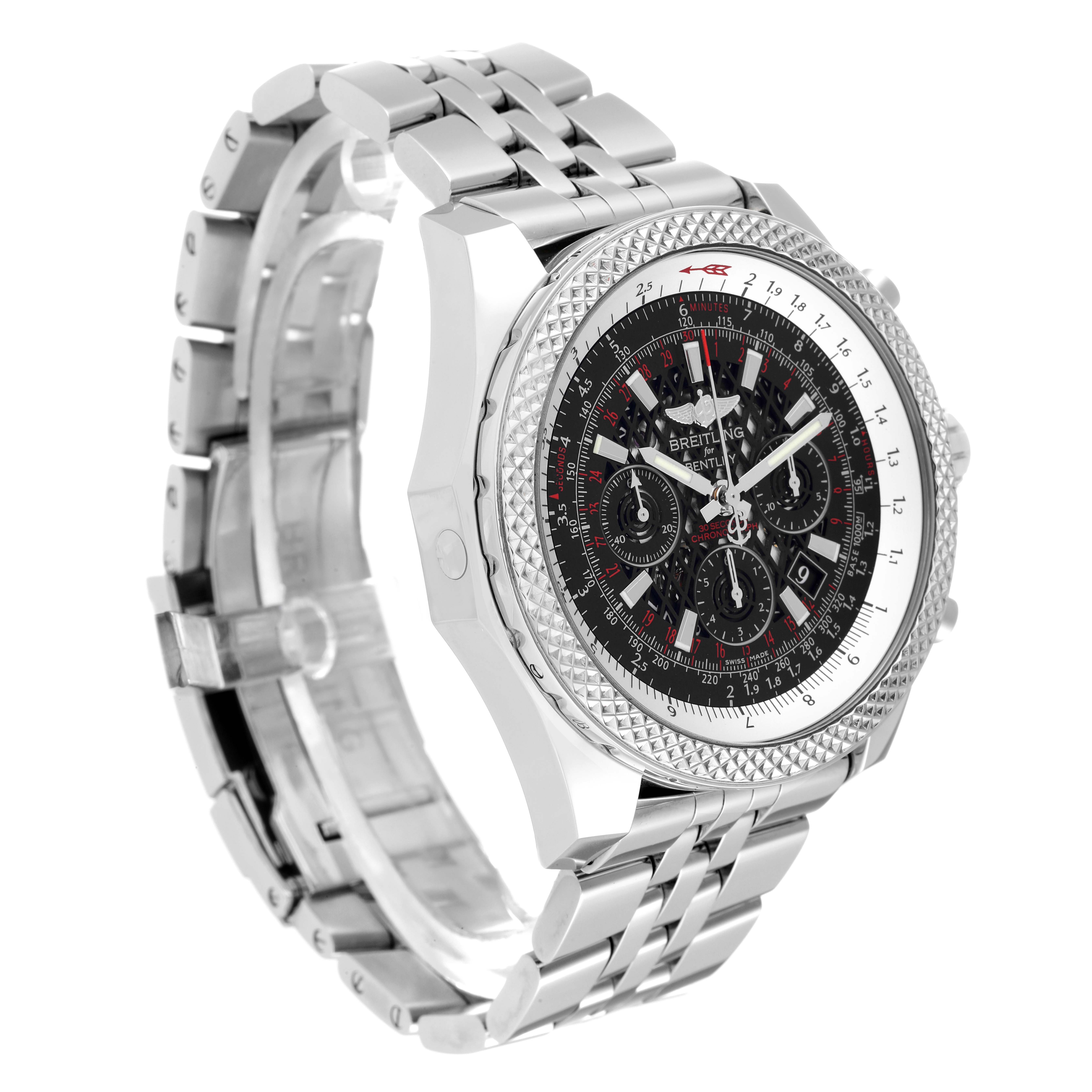The image shows a Bentley model by Breitling from a side-front angle, highlighting its stainless steel bracelet and detailed dial.