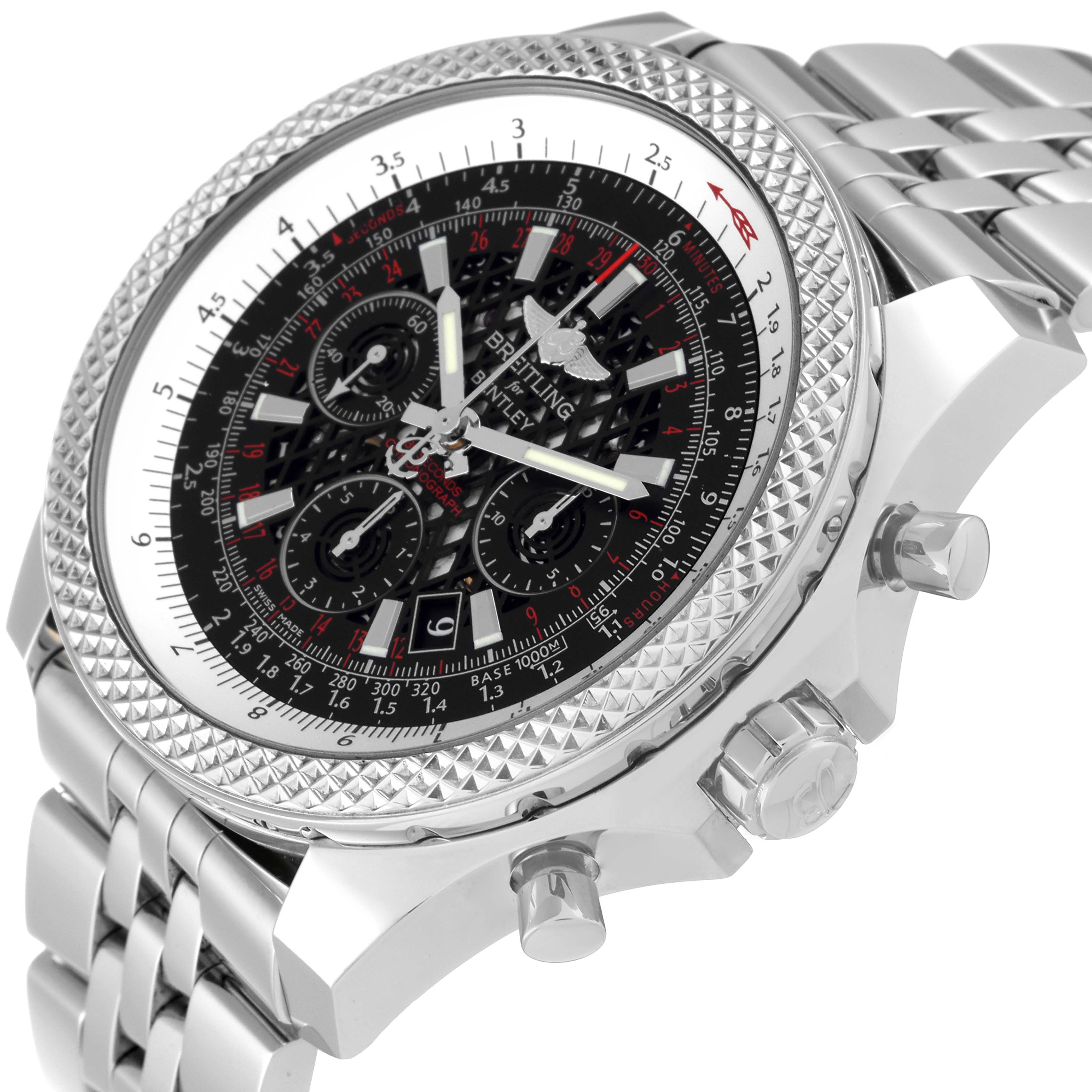 The Breitling Bentley AB061112.BD80.990A Men's Stainless Steel Black Dial AB061112.BD80.990A Men's Stainless Steel Black Dial model watch is shown at a slight angle, highlighting the intricate dial, bezel, and stainless steel bracelet.