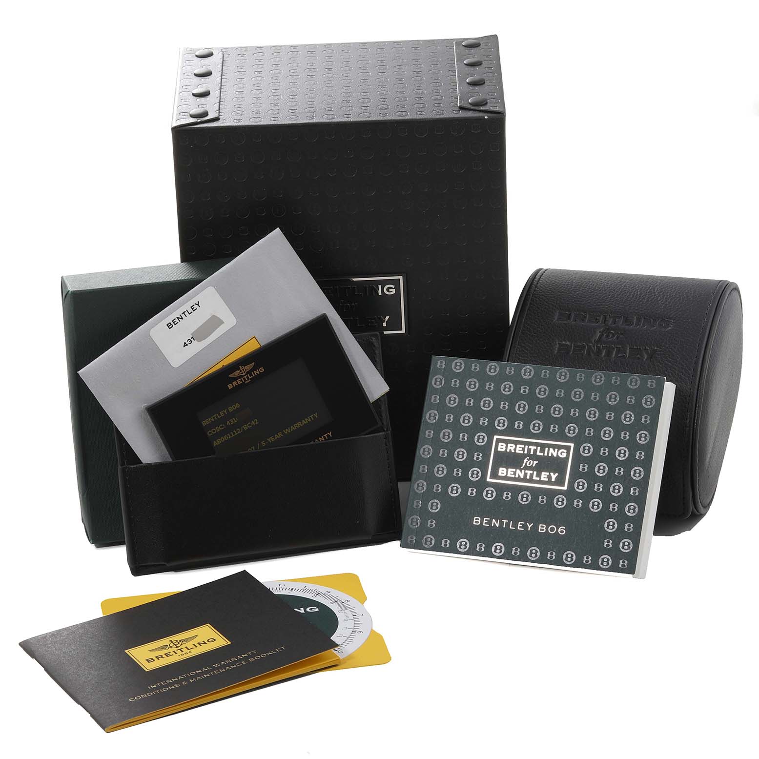 The image shows packaging and documents for the Bentley B06 model by Breitling from a slightly elevated front angle.