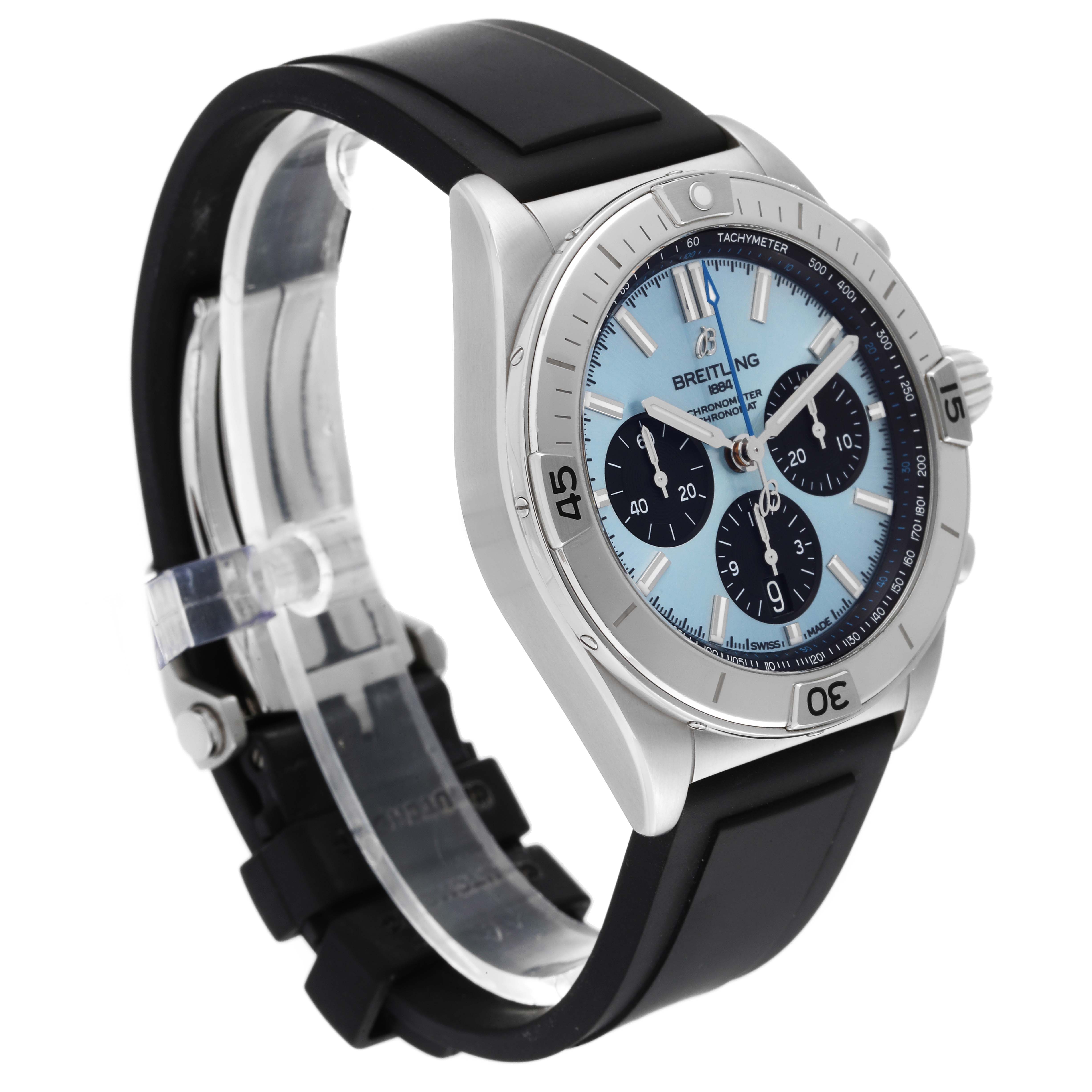 The image shows a side-angle view of a Breitling Chronomat PB0134101C1S1 Men's Stainless Steel Blue Dial PB0134101C1S1 Men's Stainless Steel Blue Dial watch with a blue dial and a black rubber strap.