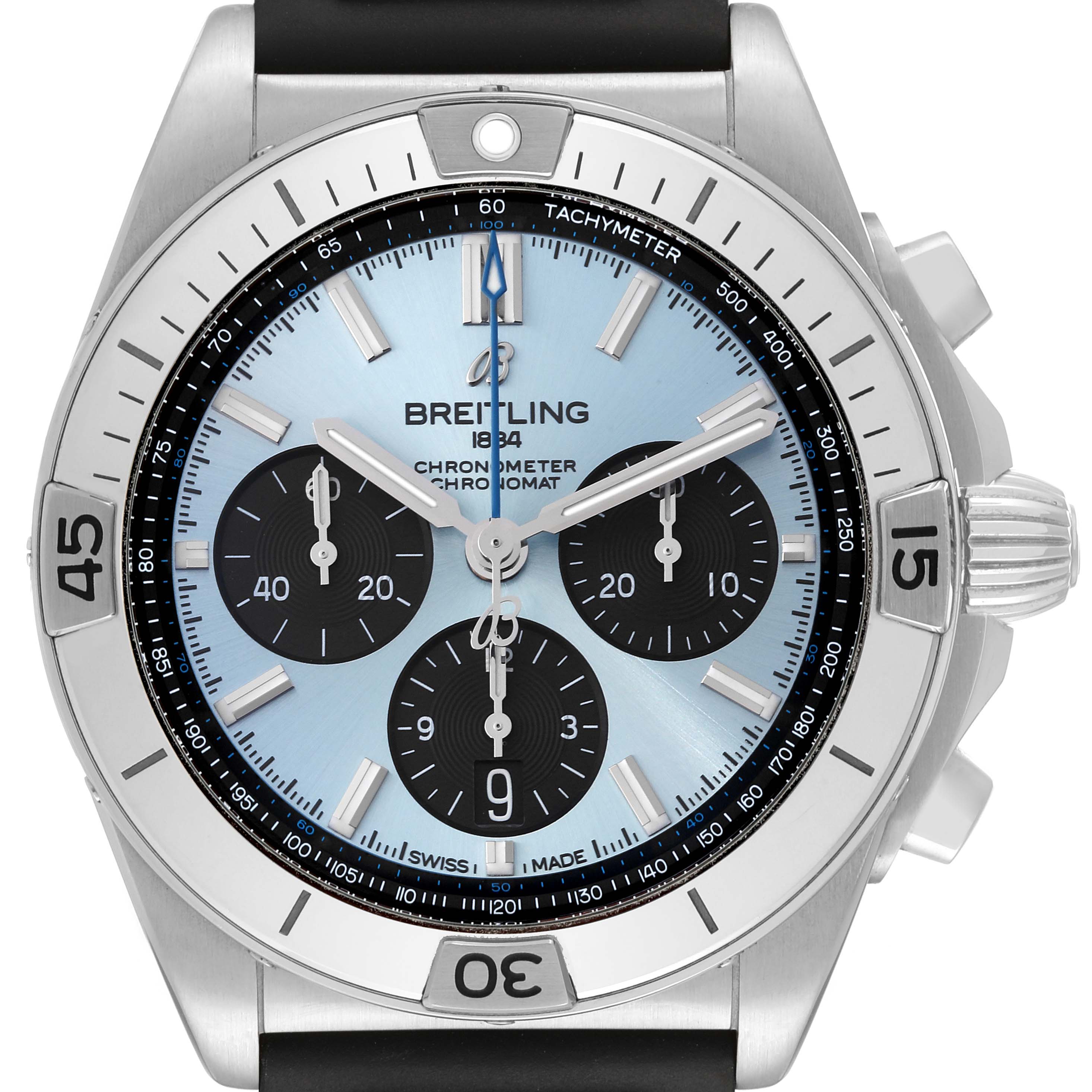 This image shows a frontal view of the Breitling Chronomat PB0134101C1S1 Men's Stainless Steel Blue Dial PB0134101C1S1 Men's Stainless Steel Blue Dial watch, displaying its face, time markers, and bezel.
