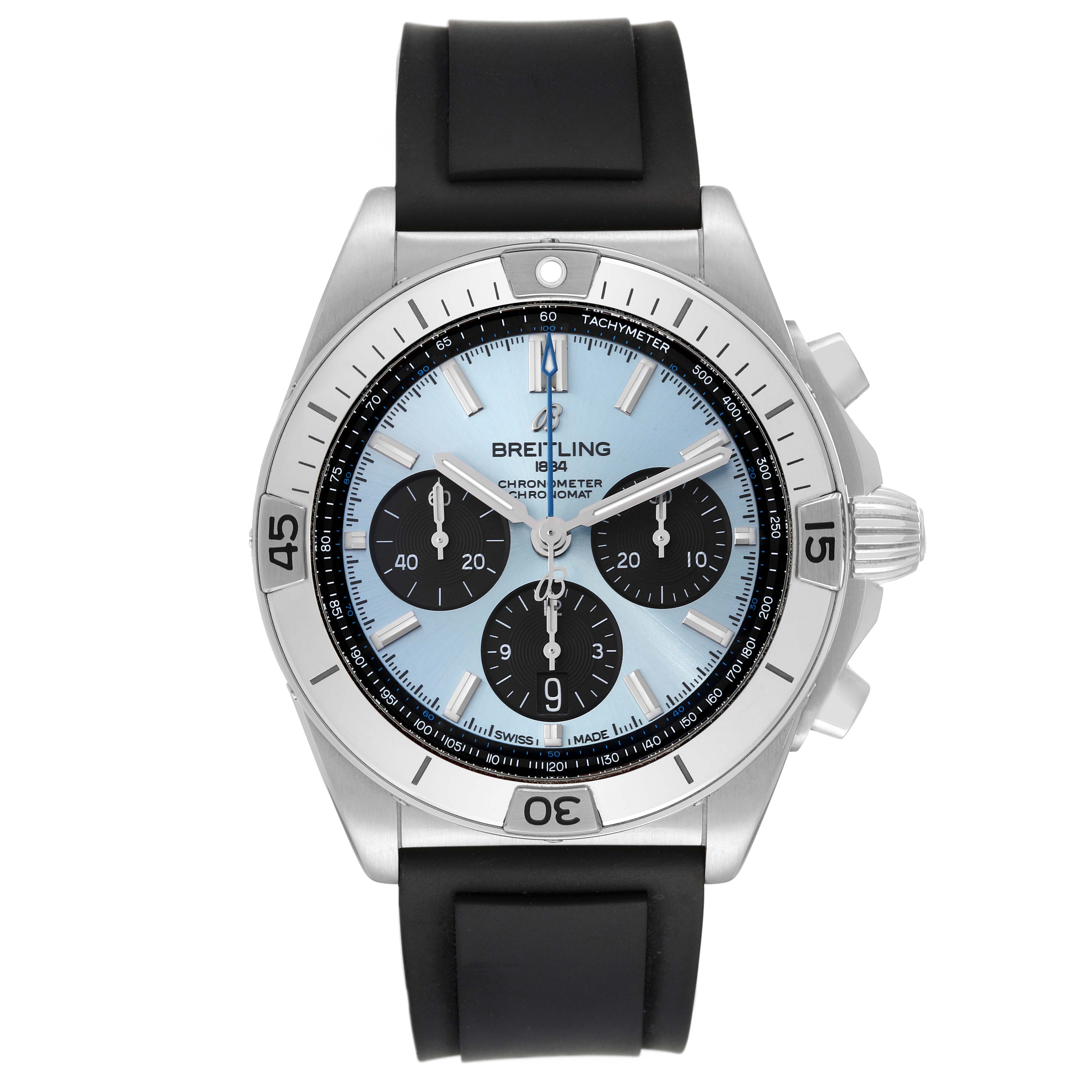 The Breitling Chronomat PB0134101C1S1 Men's Stainless Steel Blue Dial PB0134101C1S1 Men's Stainless Steel Blue Dial watch is shown from a front angle, highlighting its face, bezel, and black rubber strap.