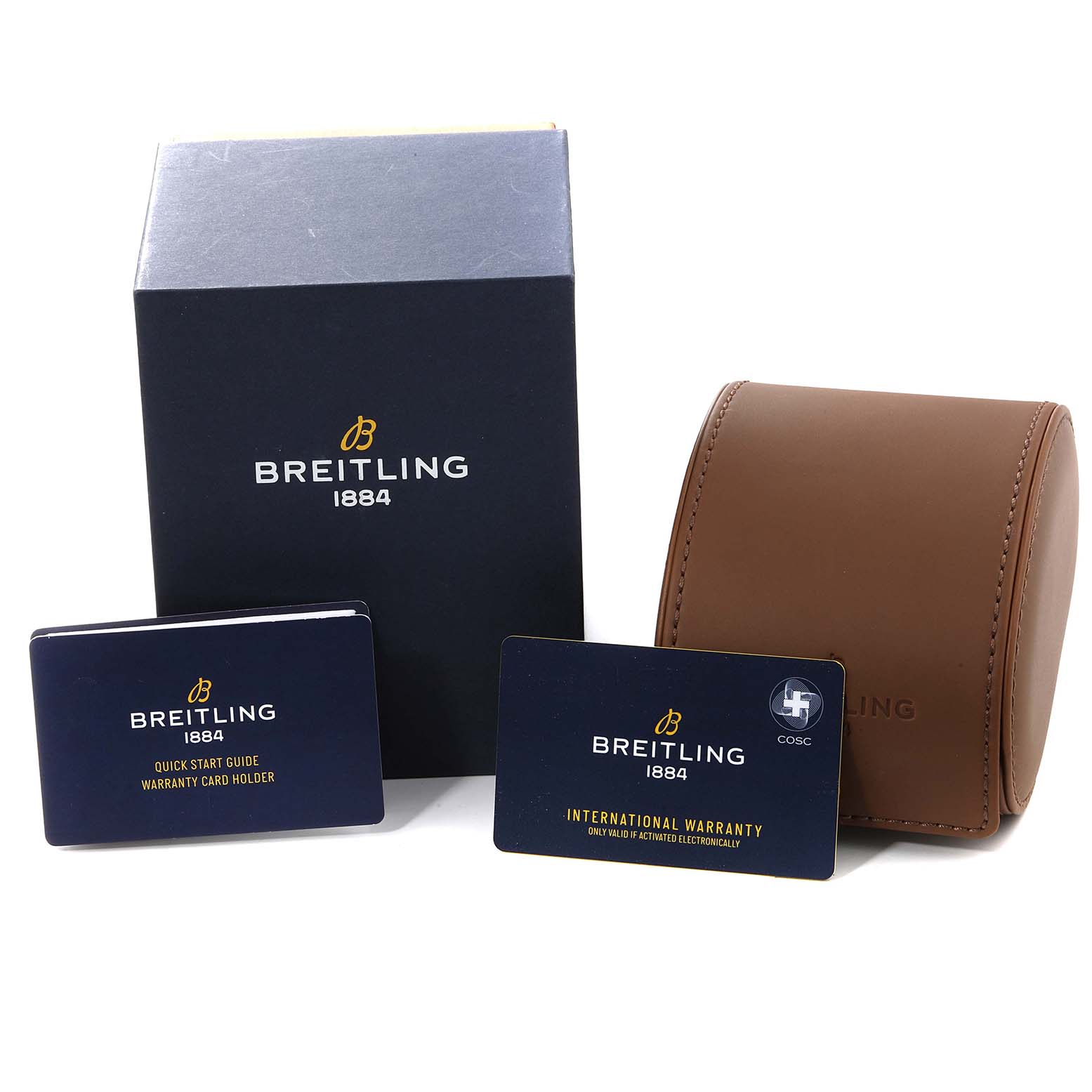 The image shows a Breitling Chronomat PB0134101C1S1 Men's Stainless Steel Blue Dial PB0134101C1S1 Men's Stainless Steel Blue Dial packaging box, warranty card holder, international warranty, and a brown leather watch case.