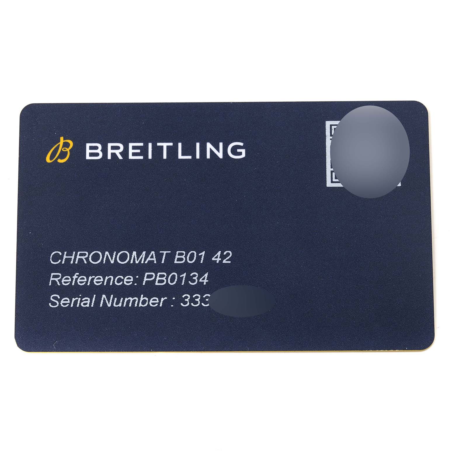 The image shows a warranty card for the Breitling Chronomat PB0134101C1S1 Men's Stainless Steel Blue Dial PB0134101C1S1 Men's Stainless Steel Blue Dial B01 42 watch model.