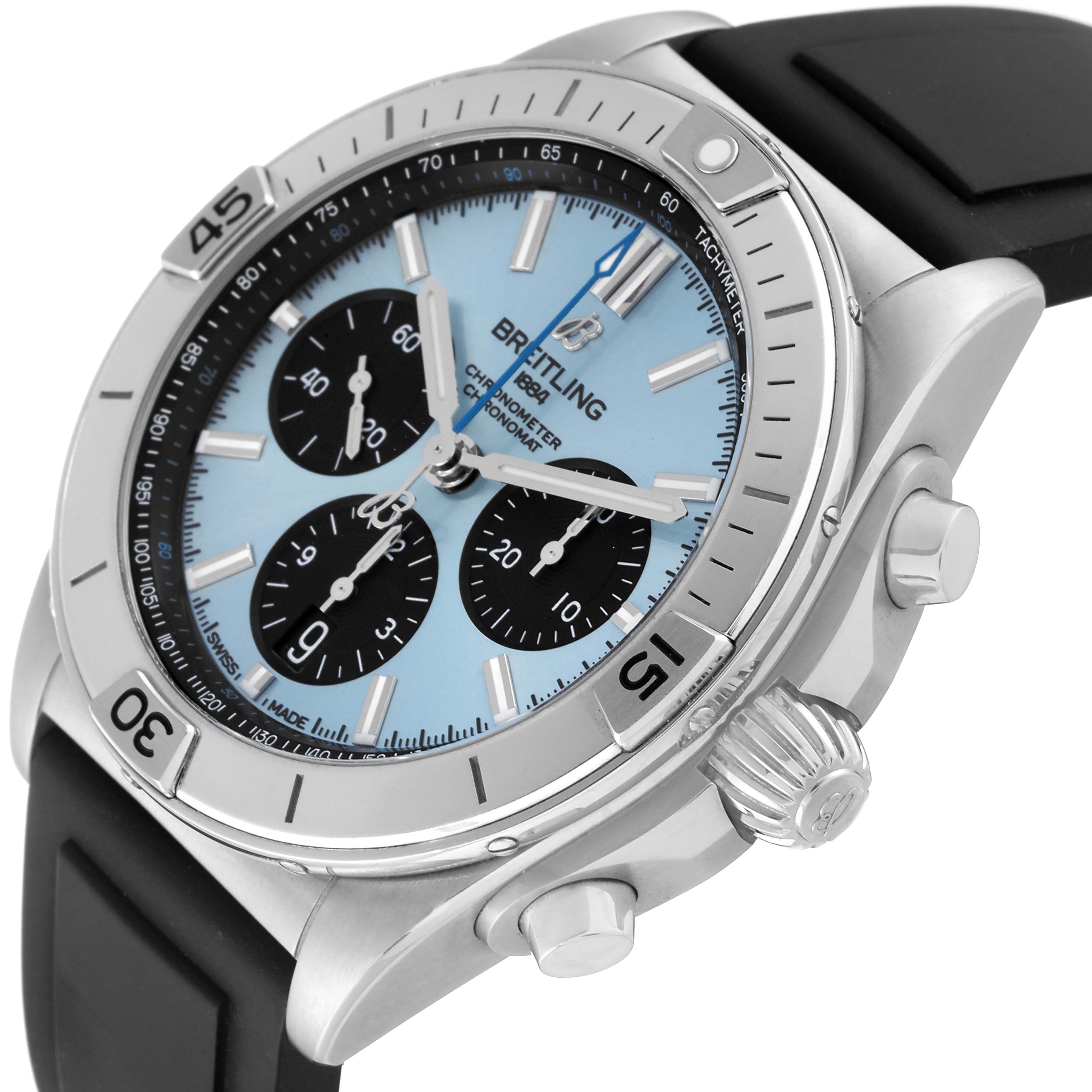 The image shows a Breitling Chronomat PB0134101C1S1 Men's Stainless Steel Blue Dial PB0134101C1S1 Men's Stainless Steel Blue Dial model watch at a slight angle, highlighting the face, bezel, crown, and pushers.