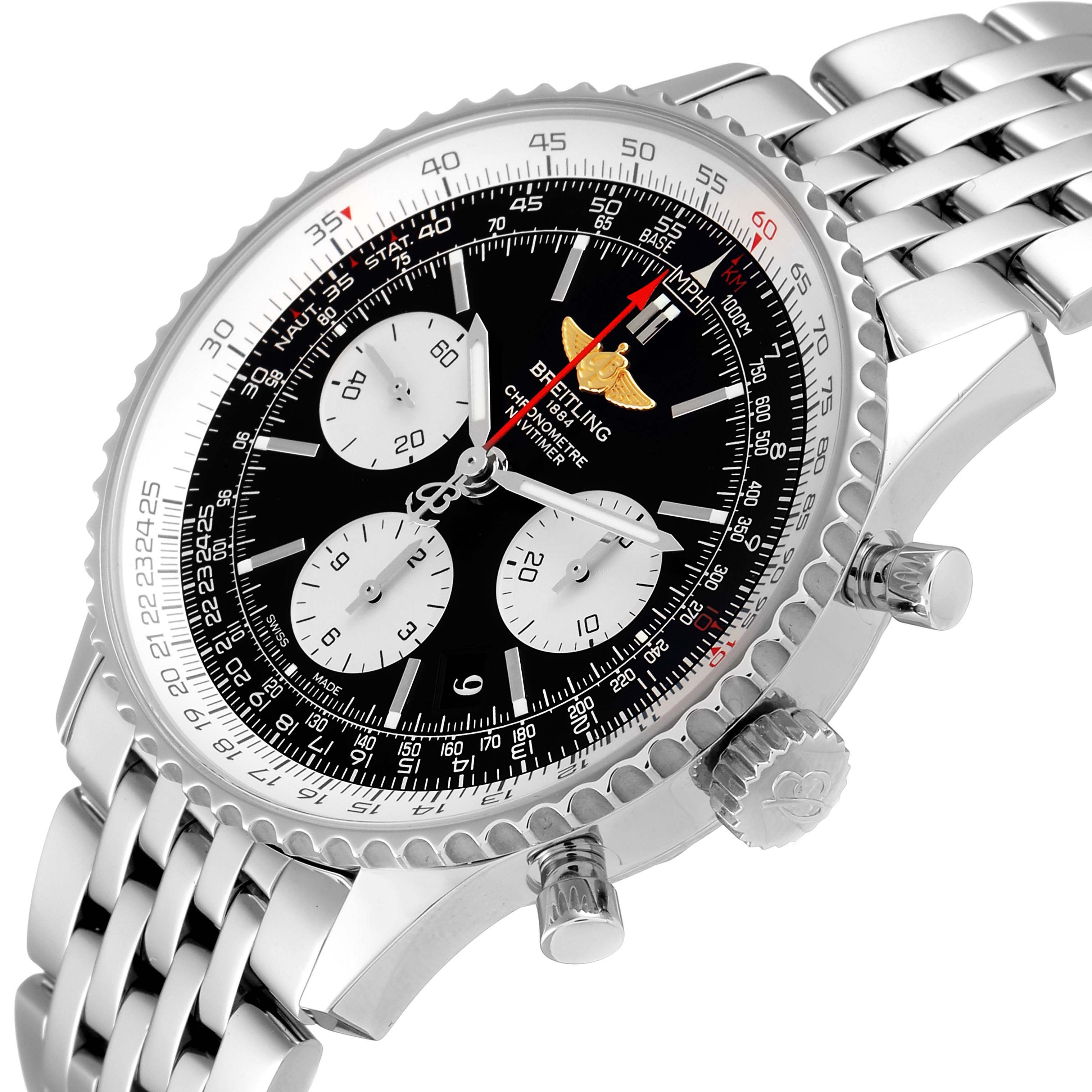The image shows a Breitling Navitimer AB0120 Men
s Stainless Steel Black Dial AB0120 Men
s Stainless Steel Black Dial watch from a slight top-side angle, highlighting its dial, bezel, bracelet, and pushers.