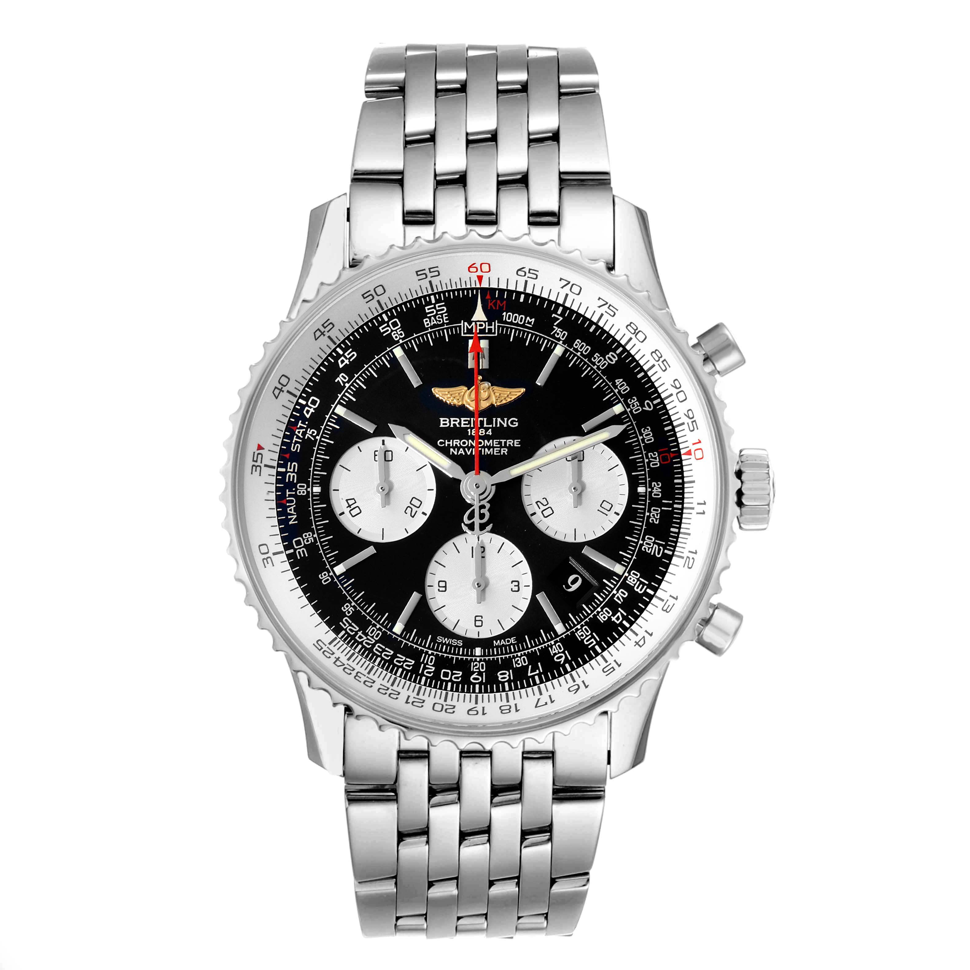 The Breitling Navitimer AB0120 Men
s Stainless Steel Black Dial AB0120 Men
s Stainless Steel Black Dial watch is shown from a front angle, displaying its dial, bezel, and bracelet.