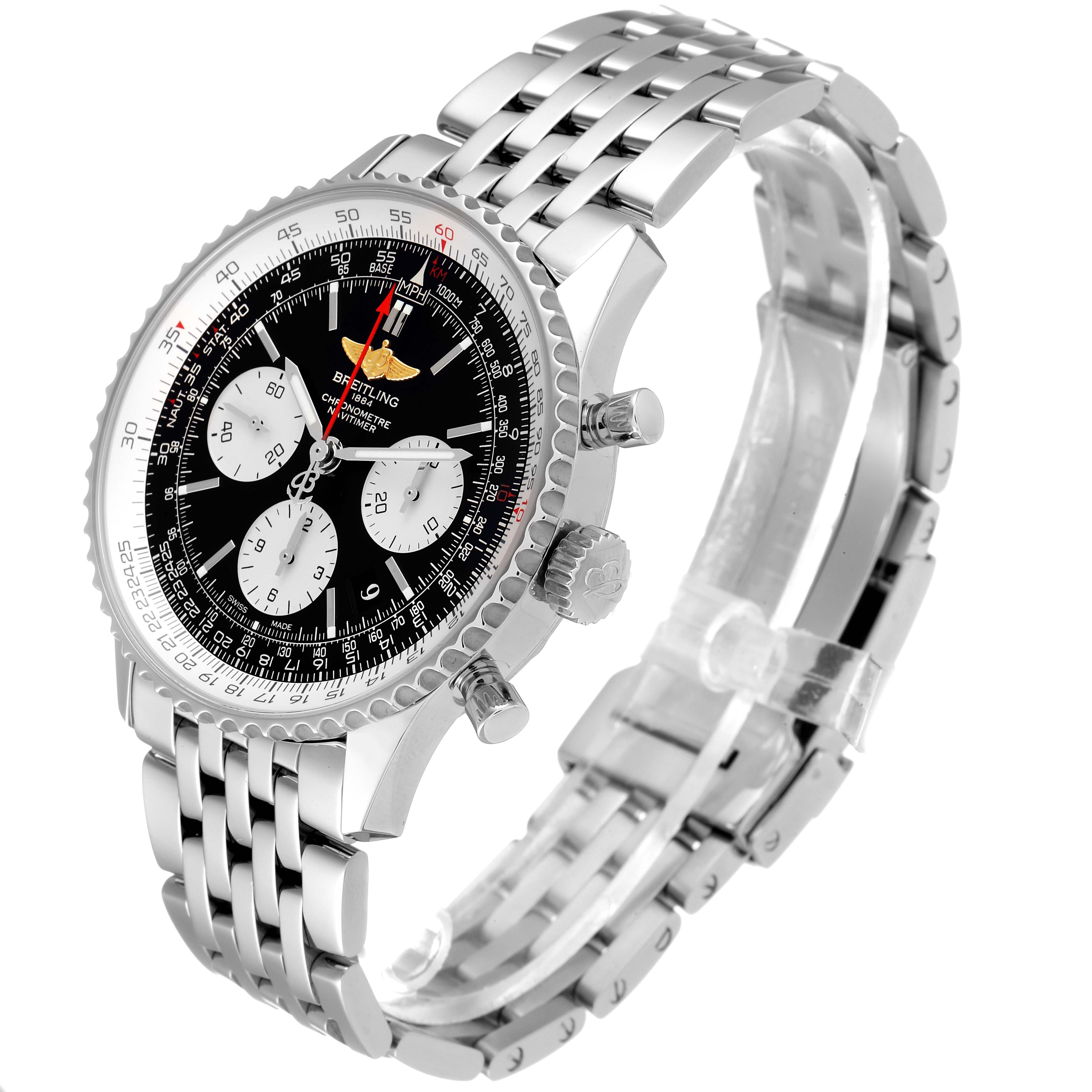 The Breitling Navitimer AB0120 Men
s Stainless Steel Black Dial AB0120 Men
s Stainless Steel Black Dial watch is shown at a side angle, displaying its face, bezel, crown, pushers, and metal bracelet.