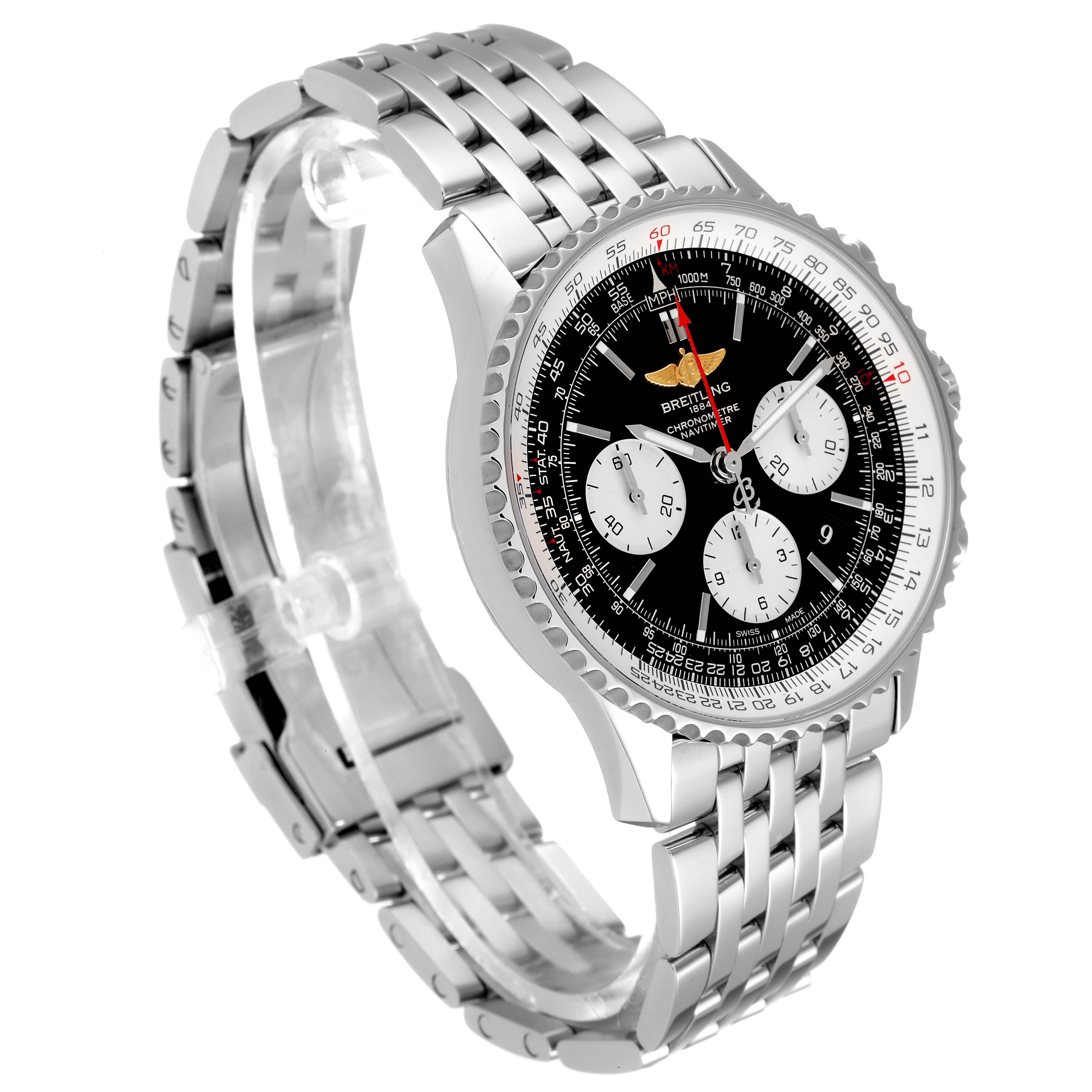 The Breitling Navitimer AB0120 Men
s Stainless Steel Black Dial AB0120 Men
s Stainless Steel Black Dial watch is shown at an angled view, highlighting its dial, chronograph subdials, and stainless steel bracelet.