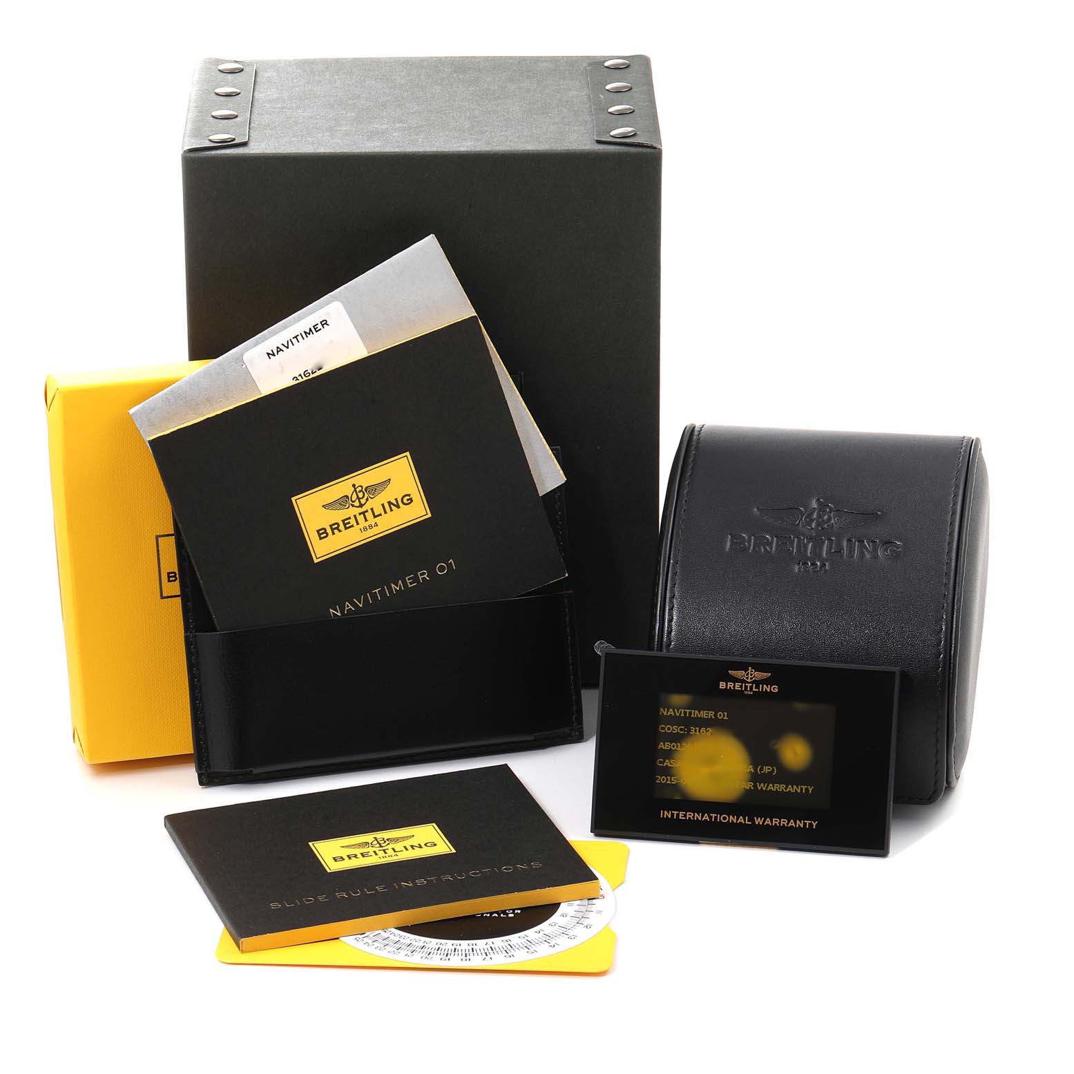The image shows the packaging, manuals, and warranty card for the Breitling Navitimer AB0120 Men
s Stainless Steel Black Dial AB0120 Men
s Stainless Steel Black Dial watch.