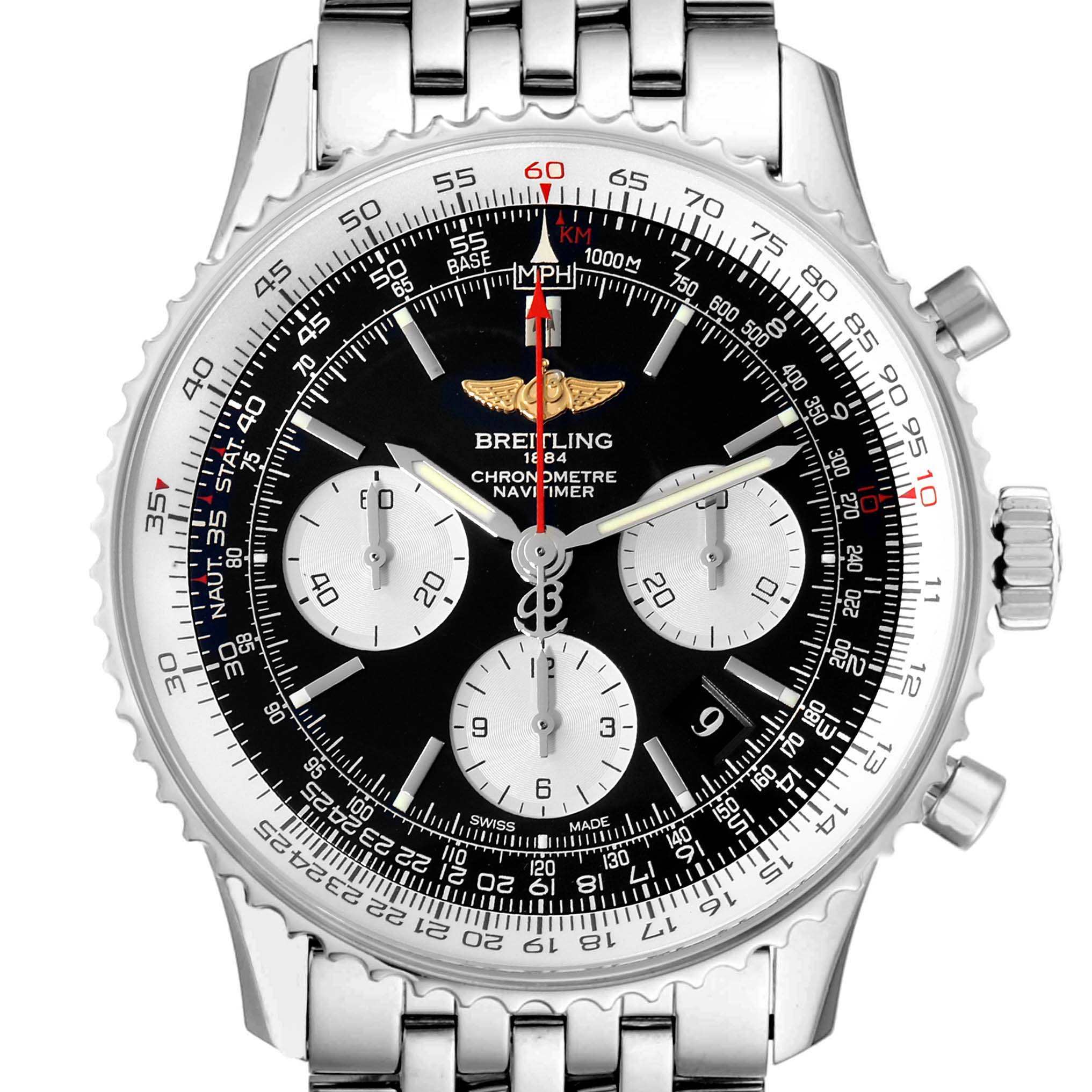 The image shows a front view of a Breitling Navitimer AB0120 Men
s Stainless Steel Black Dial AB0120 Men
s Stainless Steel Black Dial watch, displaying the dial, bezel, and part of the bracelet.
