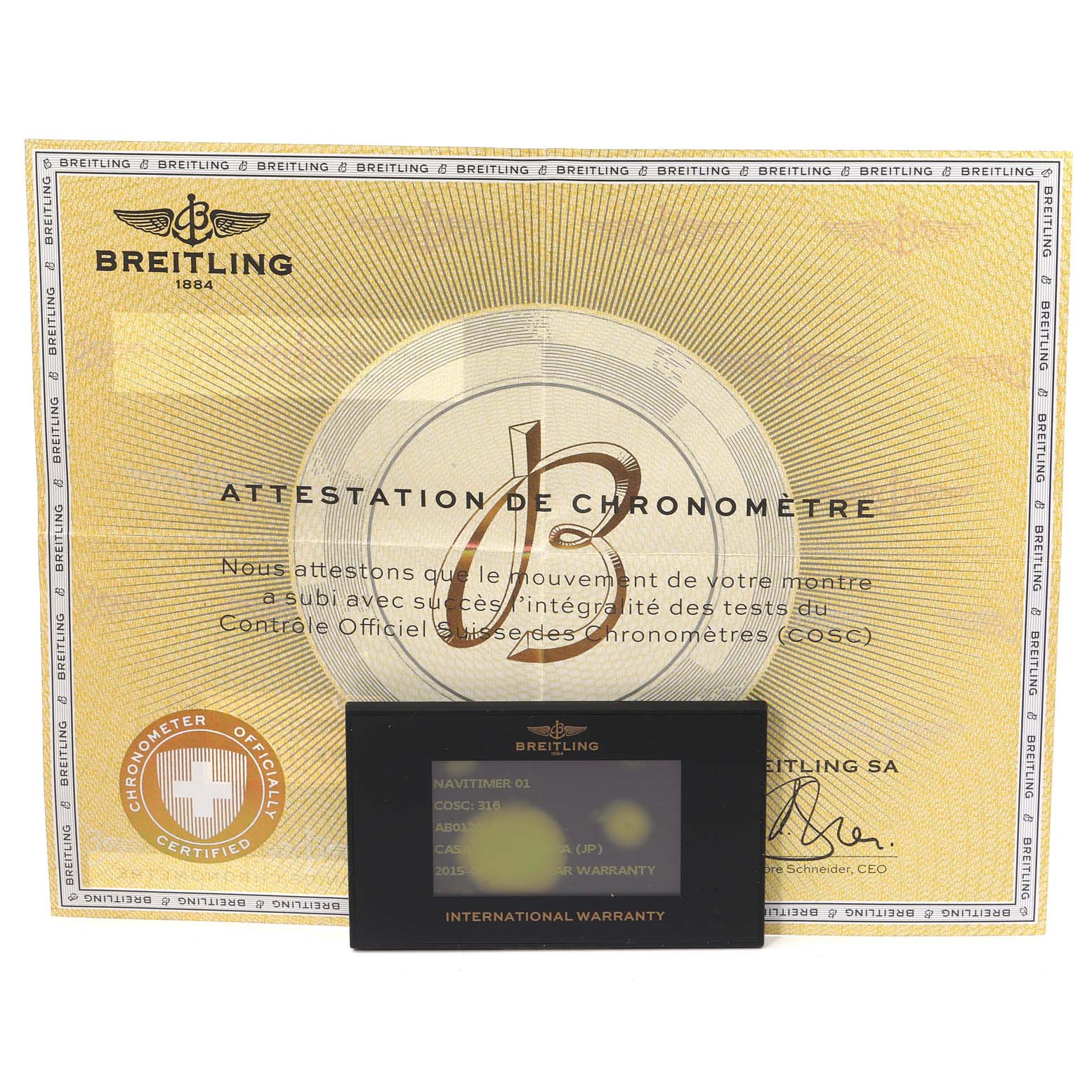 The image shows a Breitling Navitimer AB0120 Men
s Stainless Steel Black Dial AB0120 Men
s Stainless Steel Black Dial model
s chronometer certificate and international warranty card.