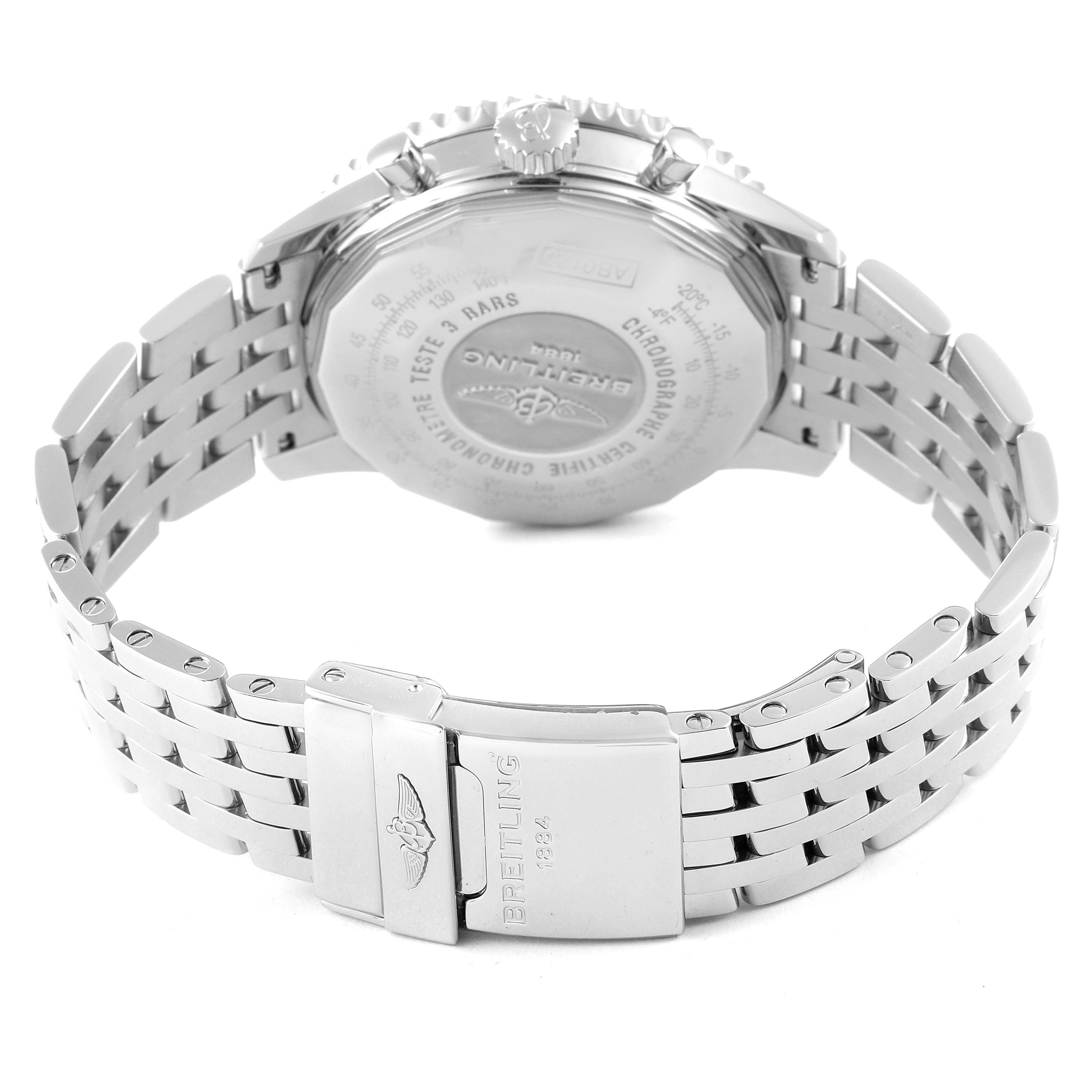 The image shows the back and clasp of a Breitling Navitimer AB0120 Men
s Stainless Steel Black Dial AB0120 Men
s Stainless Steel Black Dial watch, displaying the engraved case back and metal bracelet.