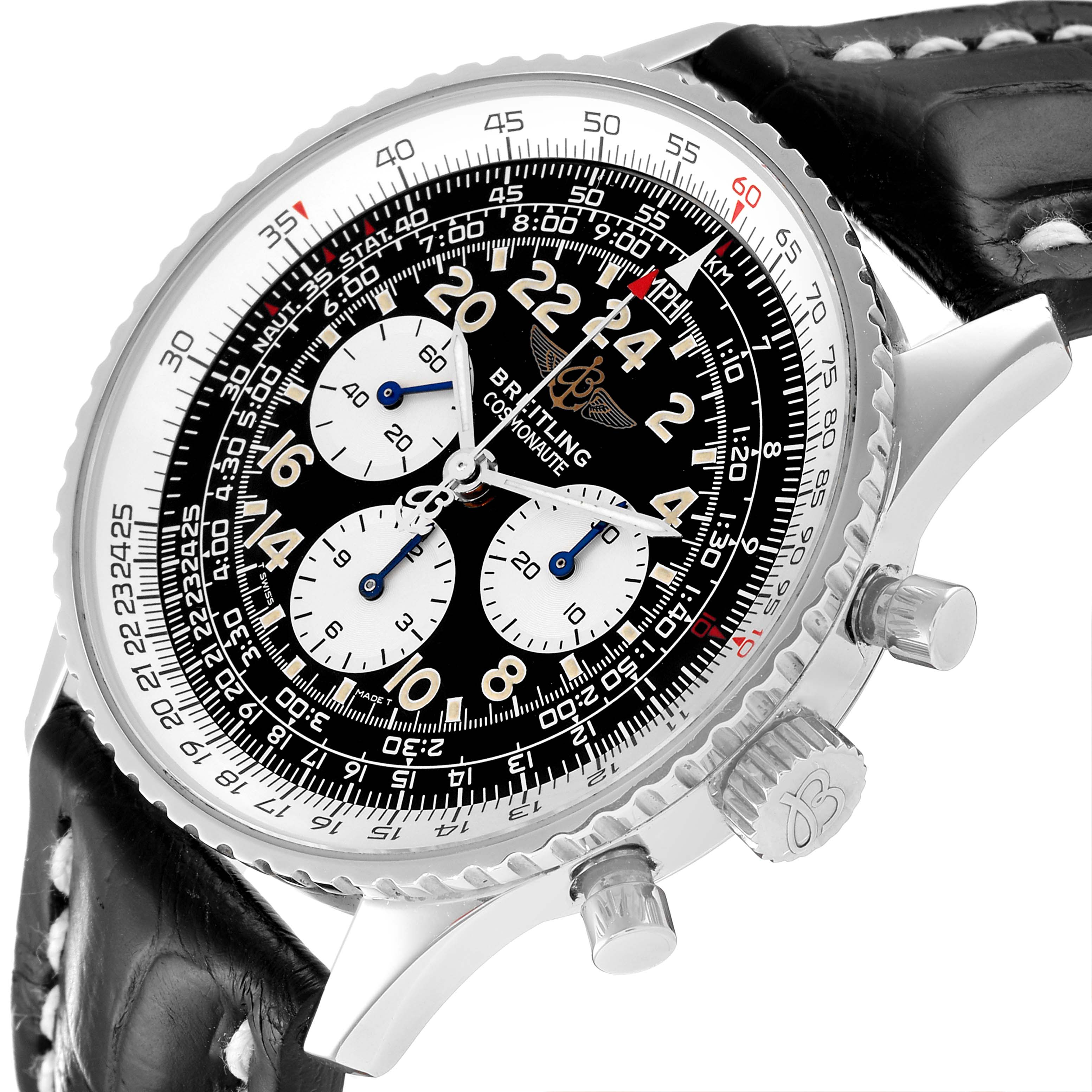 The Breitling Navitimer A12322 Men
s Stainless Steel Black Dial A12322 Men
s Stainless Steel Black Dial watch is shown at an angled view, highlighting its dial, bezel, and leather strap.