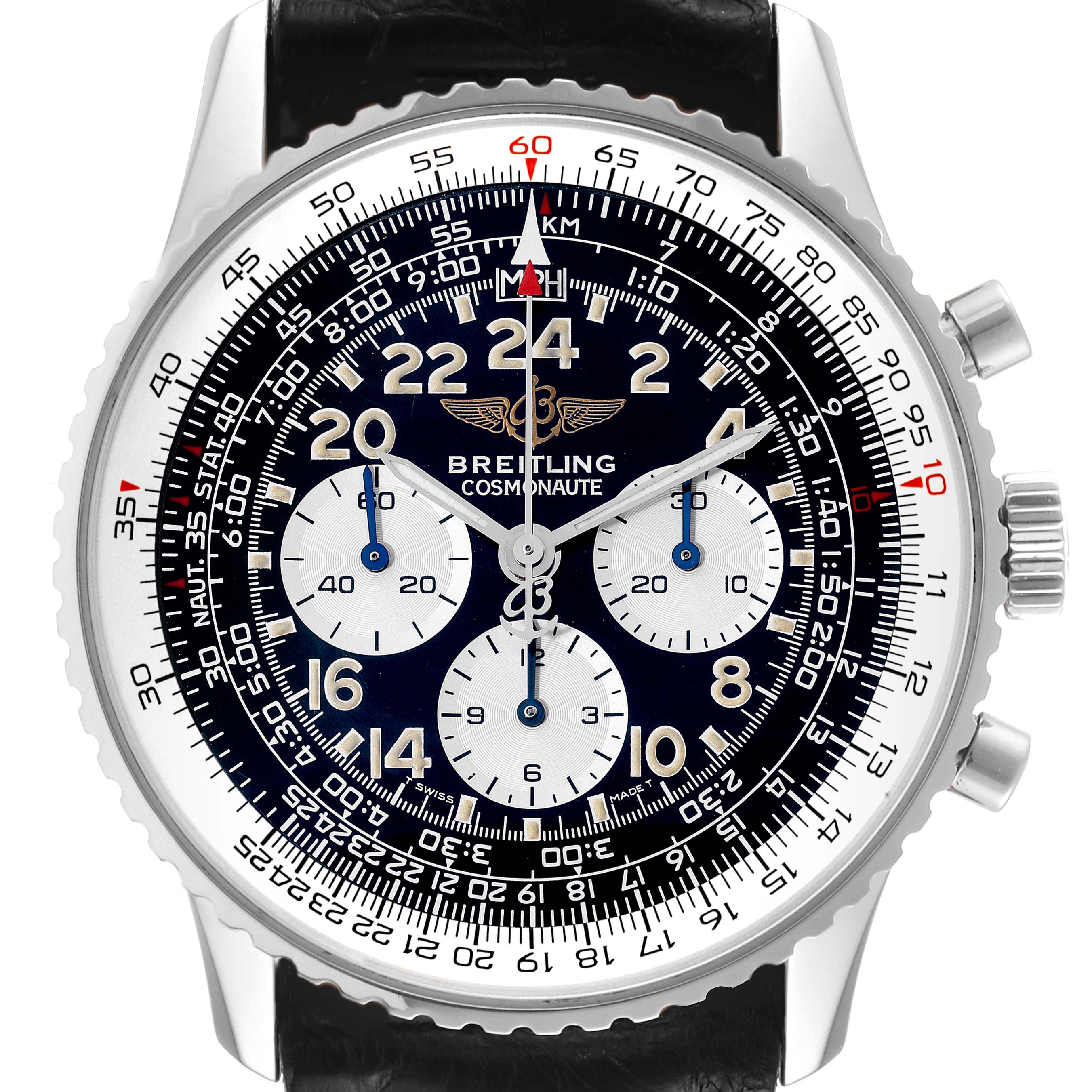 The Breitling Navitimer A12322 Men
s Stainless Steel Black Dial A12322 Men
s Stainless Steel Black Dial watch is shown from a front angle, highlighting its intricate dial and bezel.