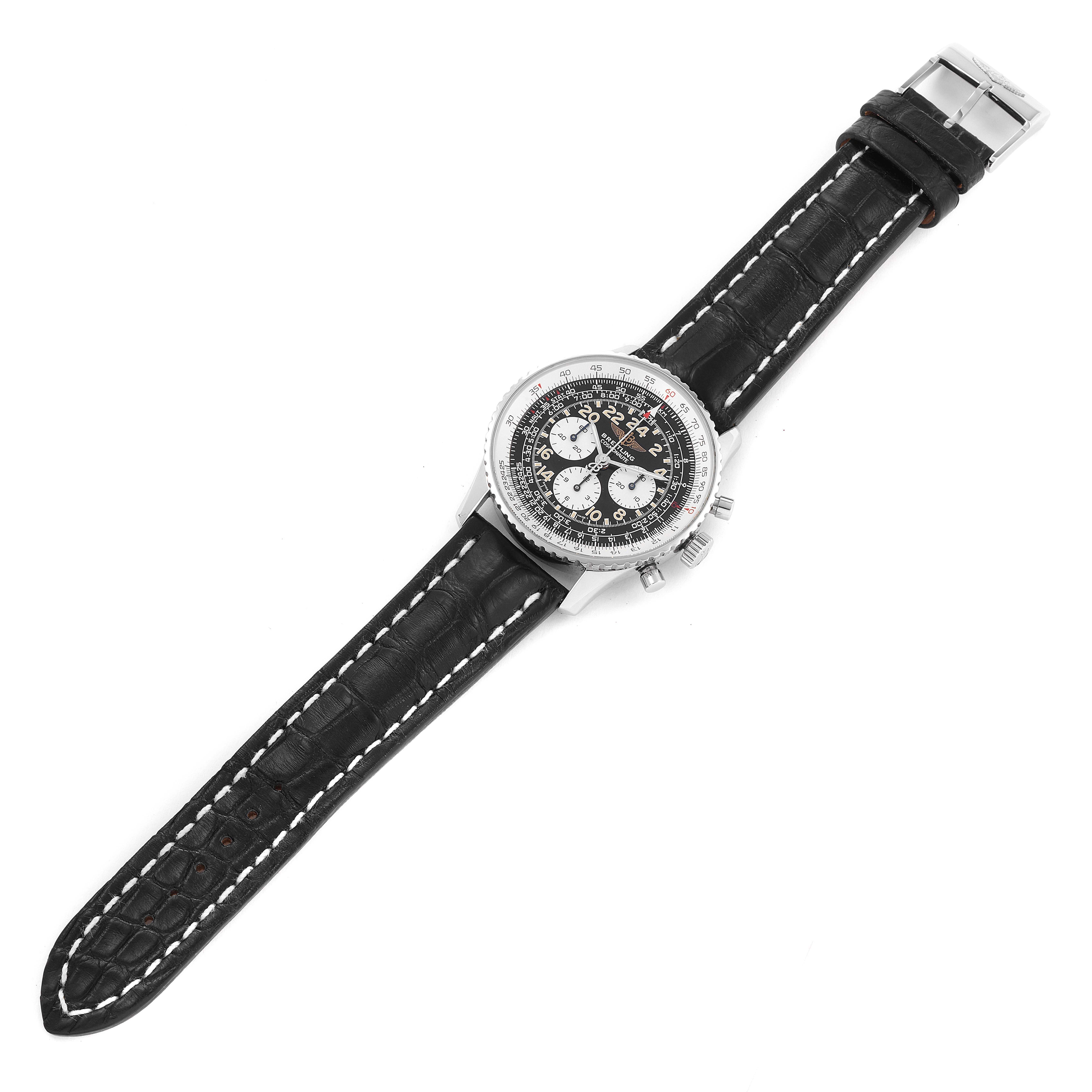 This image shows a Breitling Navitimer A12322 Men
s Stainless Steel Black Dial A12322 Men
s Stainless Steel Black Dial watch from a top-down angle, including its black leather strap and detailed dial.