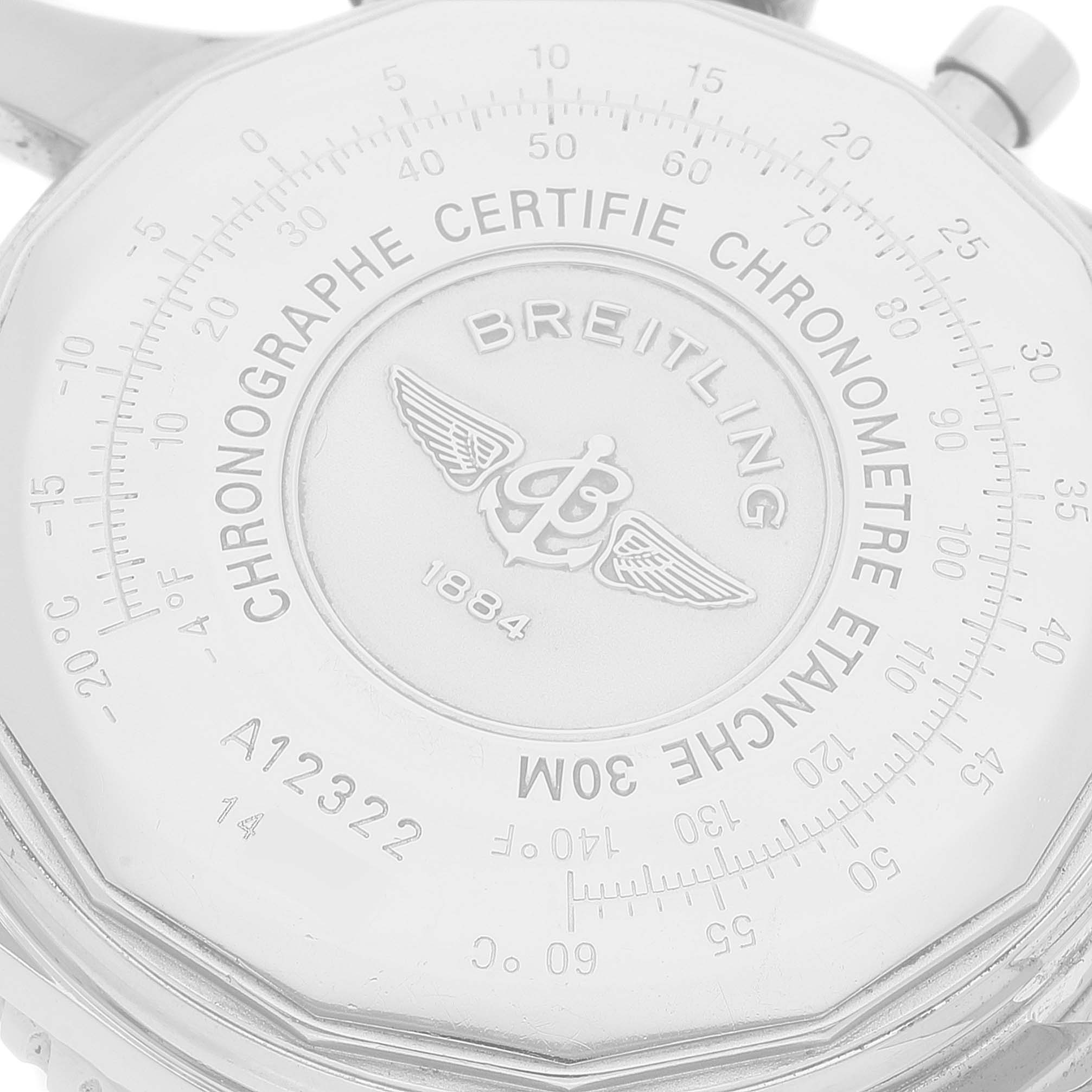 This image shows the back case of the Breitling Navitimer A12322 Men
s Stainless Steel Black Dial A12322 Men
s Stainless Steel Black Dial watch, highlighting its engravings and logo.